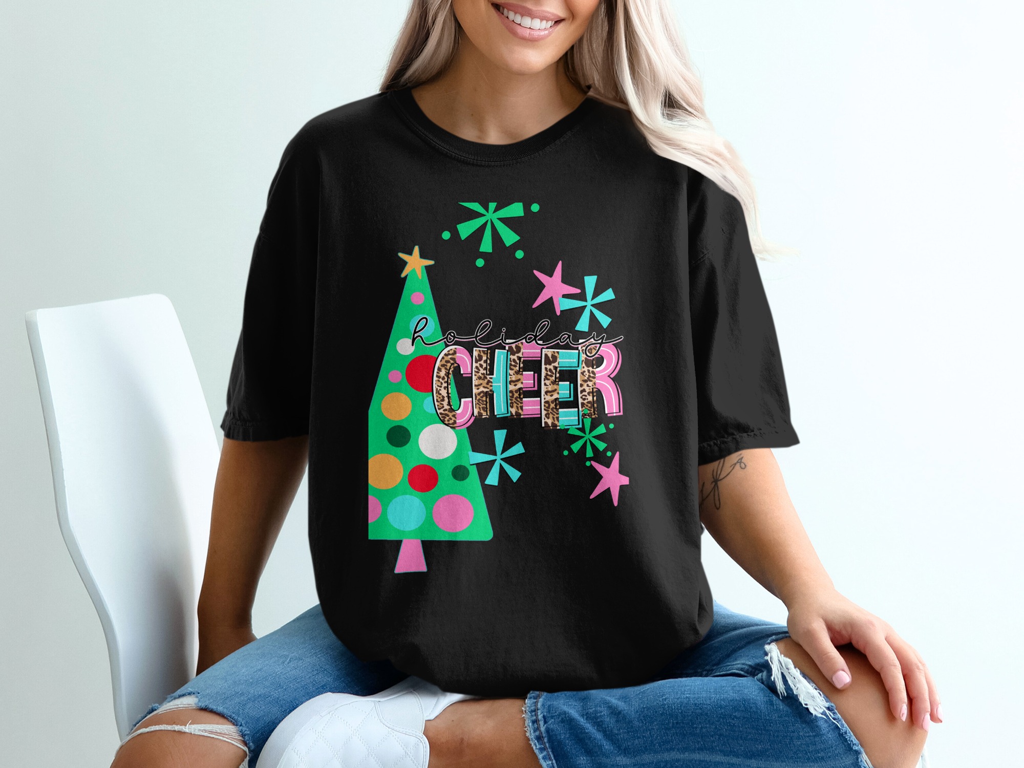 Holiday Cheer T-Shirt, Christmas Tree Shirt, Leopard Print, Fun Christmas Shirt, Festive T-Shirt, Holiday T-Shirt, Christmas T-Shirt - Image 2
