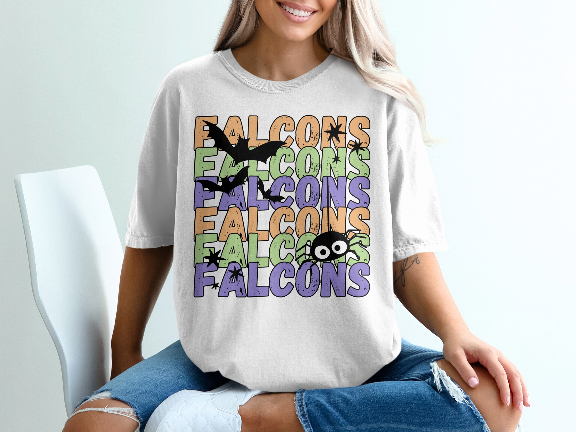 Falcons Halloween T-Shirt, Spooky Season Tee, Bat Star Spider Shirt, Trendy Holiday Apparel, Gift for Halloween Lovers, Fall Theme