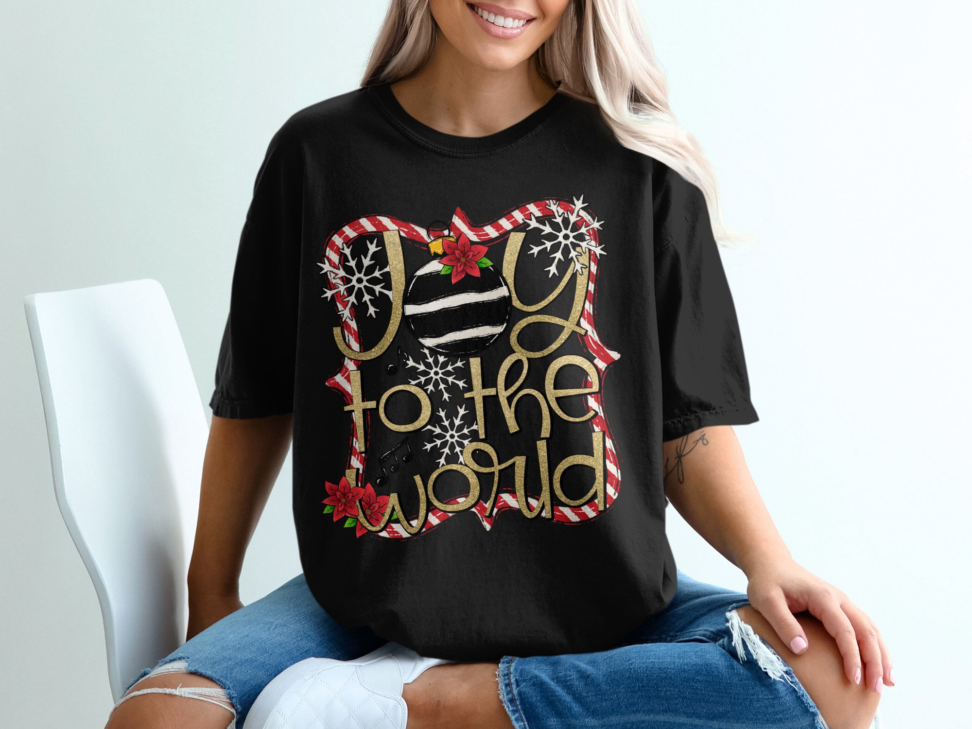 Joy to the World T-Shirt, Christmas Ornament, Poinsettia Snowflake Tee, Holiday Music Shirt, Festive Apparel, Gift for Christmas - Image 2