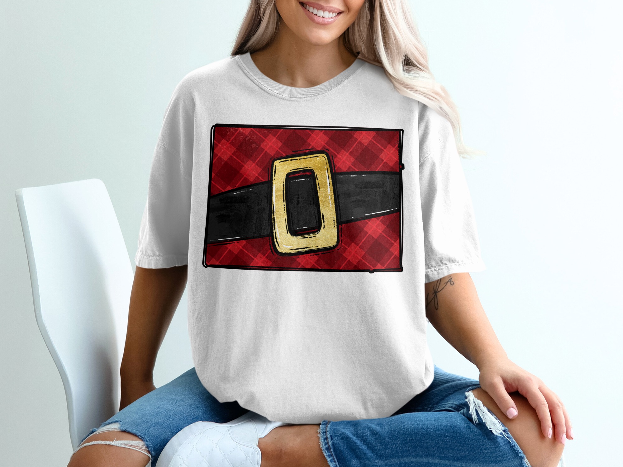Santa Belt T-Shirt, Christmas T-Shirt, Plaid Tee, Holiday Shirt, Festive Clothing, Christmas Outfit, Holiday Gift, Christmas Gift