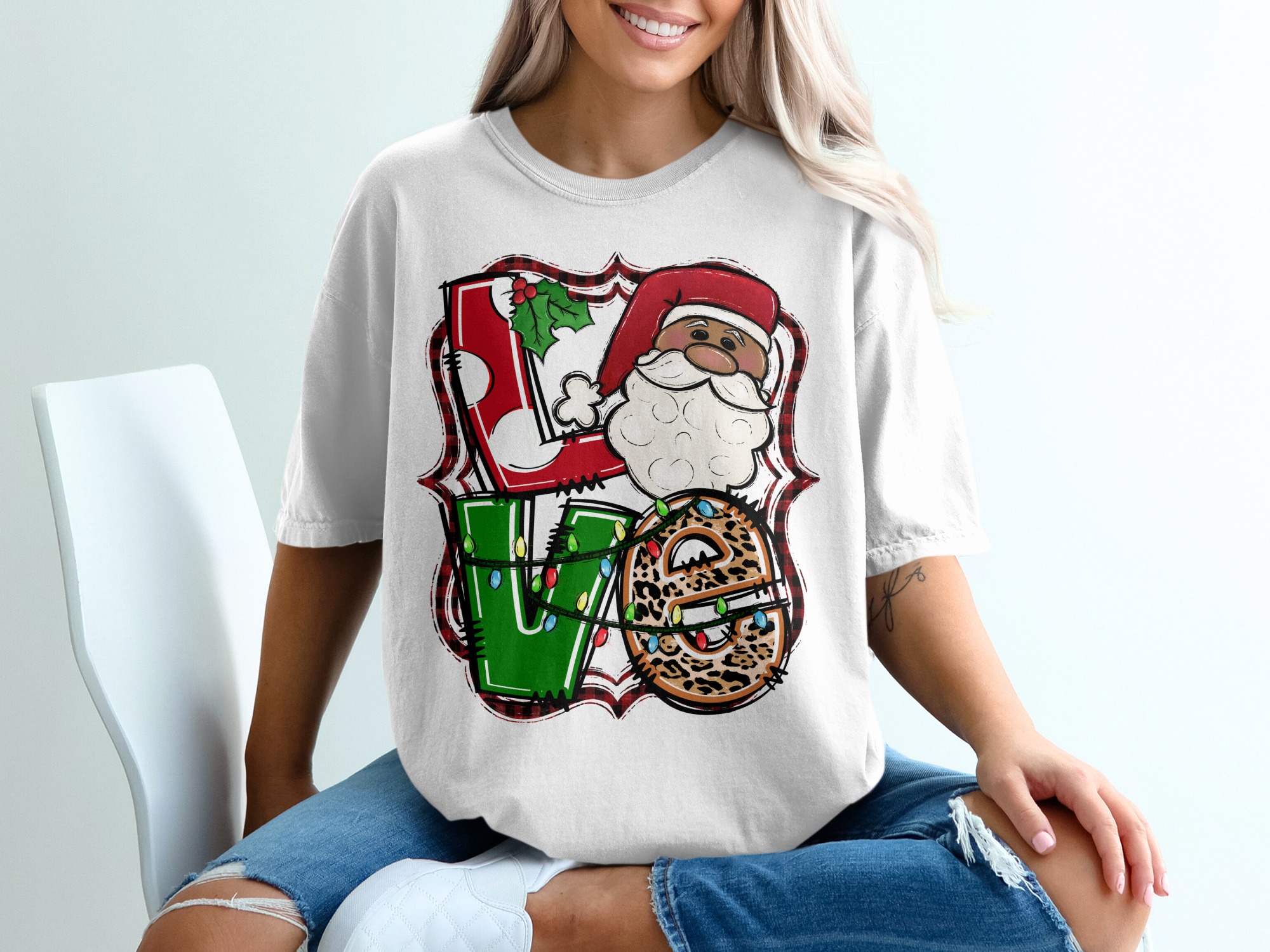 Christmas Love T-Shirt, Santa T-Shirt, Leopard Print T-Shirt, Holiday Shirt, Cute Christmas Shirt, Christmas Lights T-Shirt