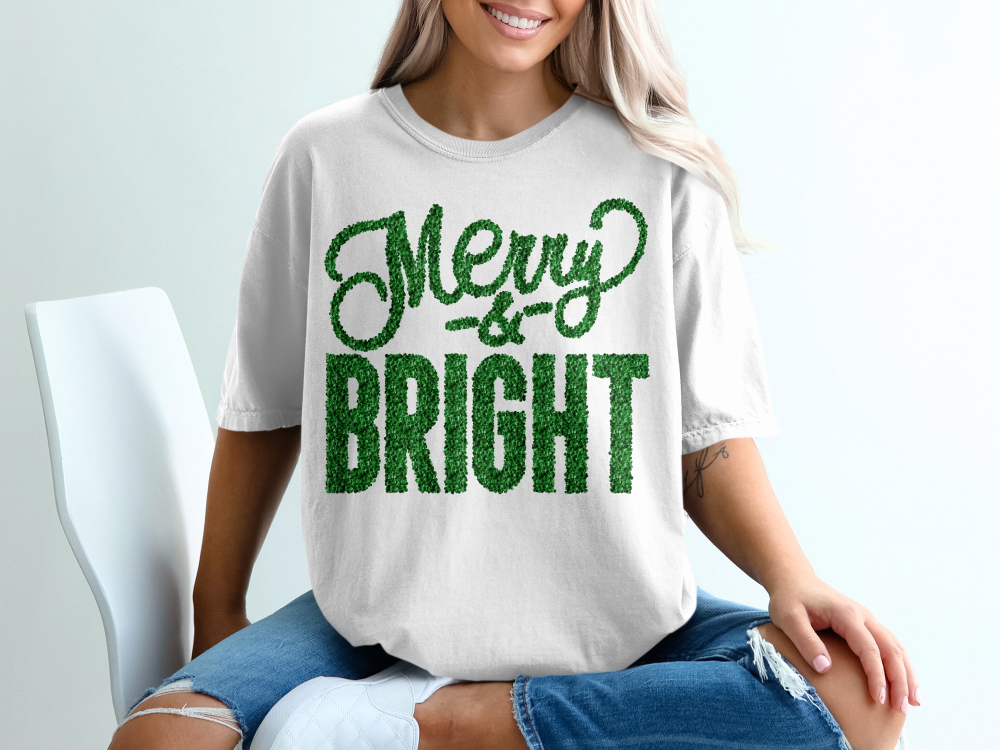 Merry and Bright T-Shirt, Christmas Shirt, Holiday Shirt, Festive Shirt, Gift for Christmas, Sequined Text Design, Green Text Shirt