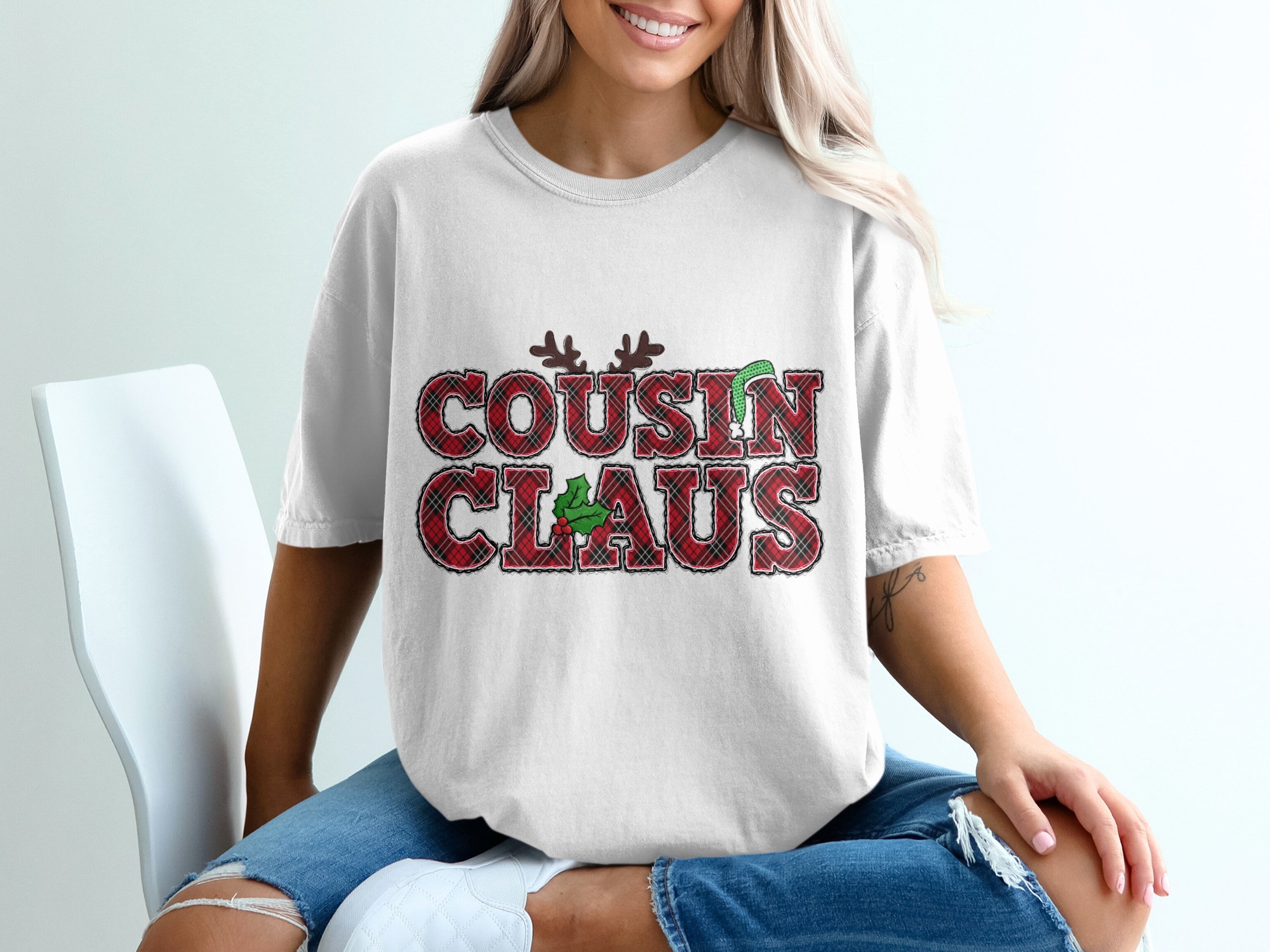 Cousin Claus T-Shirt, Plaid Christmas Tee, Family Matching Shirt, Holiday Outfit, Funny Christmas, Antlers, Santa Hat, Cousin Squad Tee
