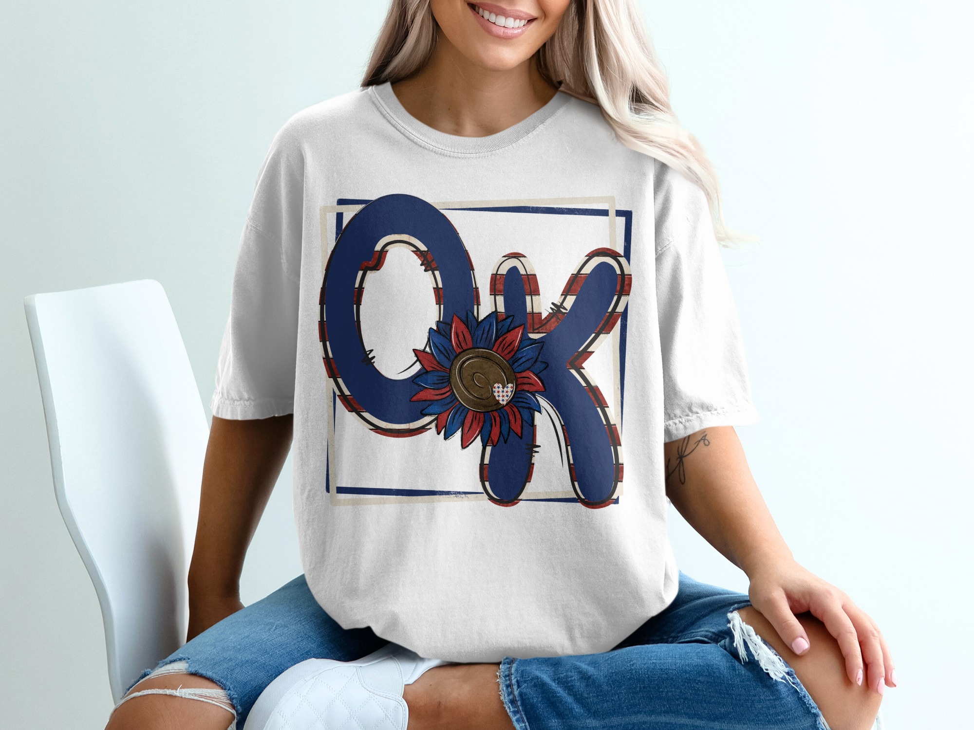 OK T-Shirt, Oklahoma State Tee, Patriotic Design Shirt, Sunflower Graphic Tee, Trendy T-Shirt, USA Colors, Heart T-Shirt, Gift T-Shirt