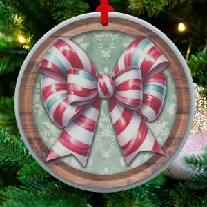 Striped Bow Ornament, Vintage Decor, Holiday Ornament, Christmas Tree Ornament, Gift Idea, Festive Ornament, Wood Trim Ornament