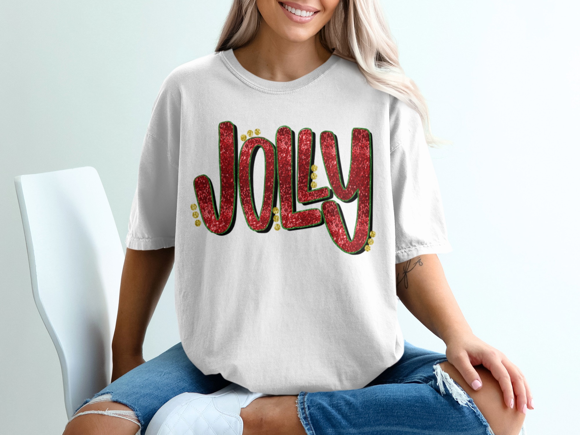 Jolly T-Shirt, Christmas T-Shirt, Holiday Shirt, Festive Shirt, Red Glitter Shirt, Party Top, Gift Idea, Celebration Shirt