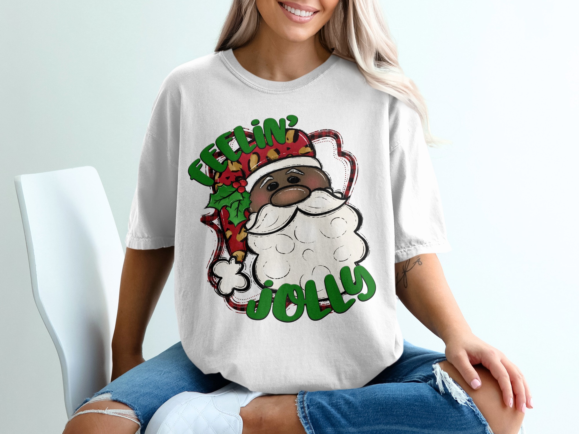 Feelin' Jolly Santa T-Shirt, Cute Santa Tee, Holiday Shirt, Black Santa Shirt, Christmas TShirt, Santa Claus Shirt, Festive Shirt