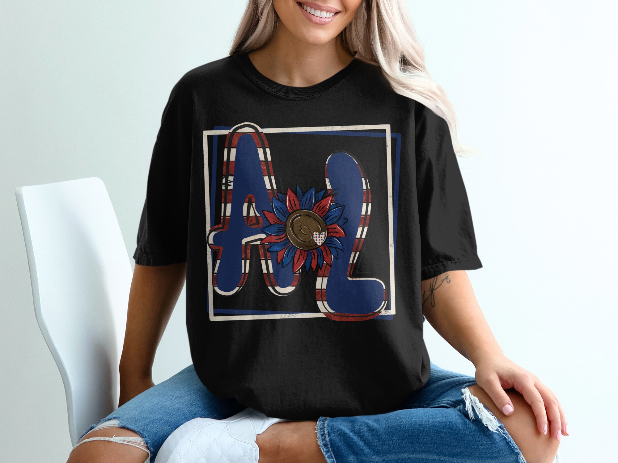 Patriotic Initial Letter T-Shirt, American Flag Sunflower Tee, USA Pride Shirt, Red White Blue Floral T Shirt, Summer Fourth of July Shirt - Image 2