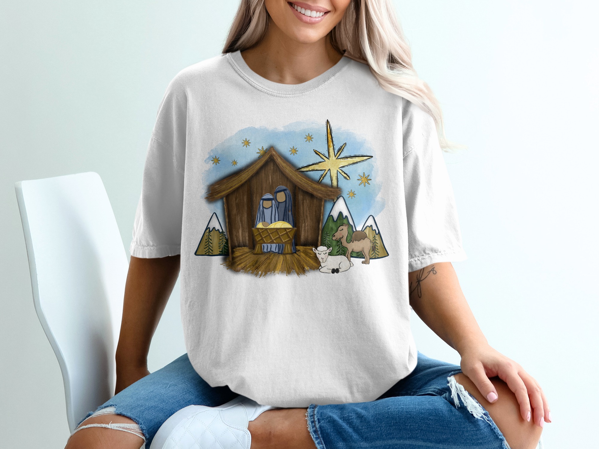 Nativity Scene T-Shirt, Christmas T-Shirt, Manger Scene Tee, Holiday Shirt, Christian Apparel, Baby Jesus Shirt, Star of Bethlehem Tee