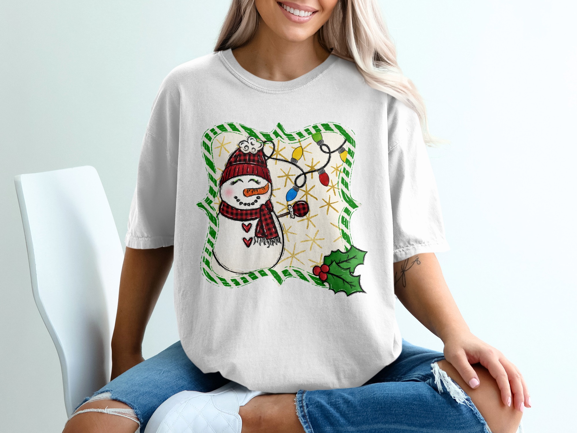 Cute Snowman T-Shirt, Buffalo Plaid, Christmas Lights, Festive Tee, Holiday Gift, Winter Apparel, Holiday Season T-Shirt