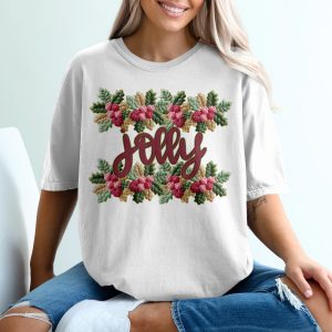Jolly Flowers Floral Graphic Festive Spirit Design T-Shirt, faux yarn