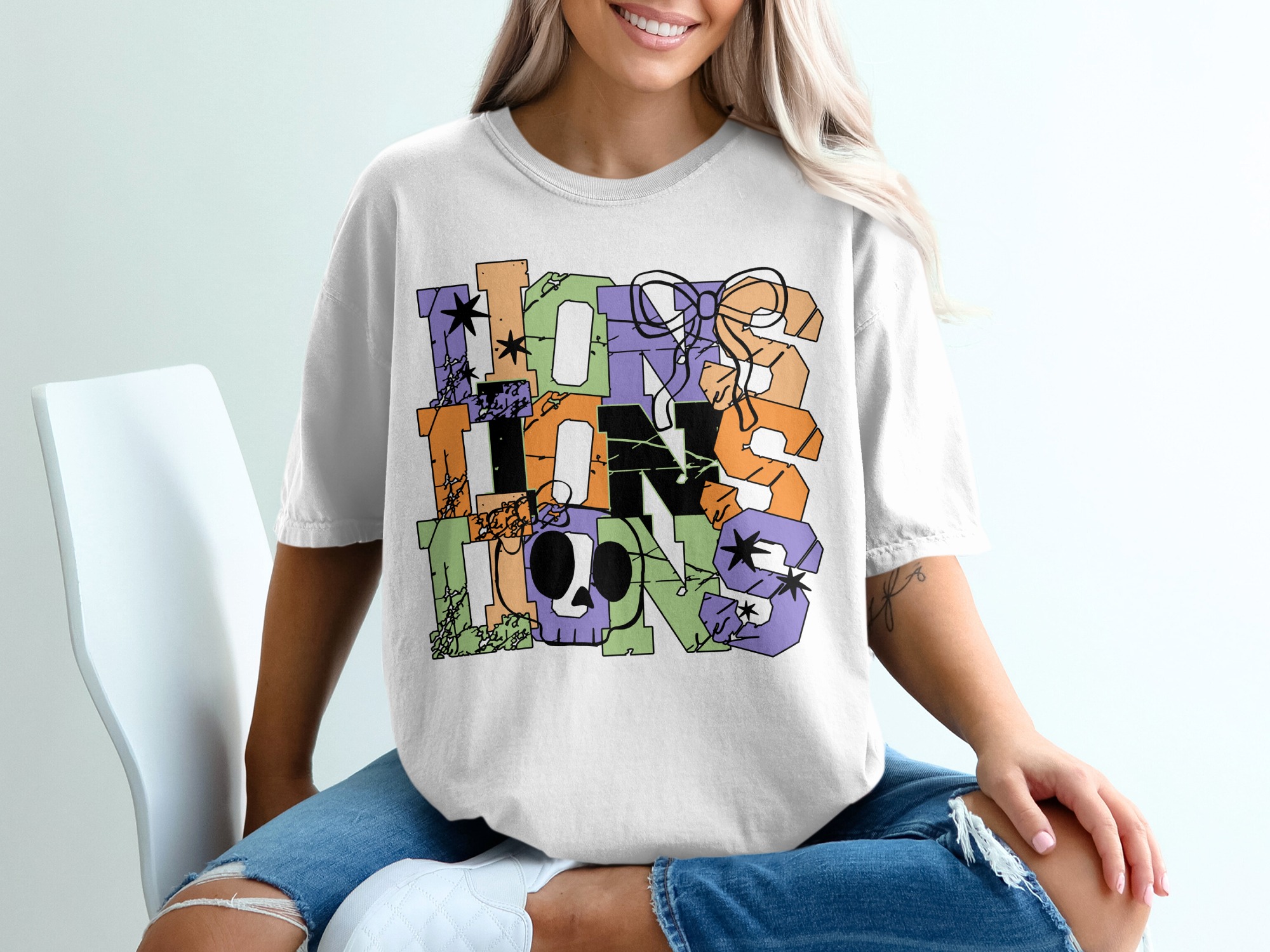 Halloween T-Shirt, Spooky Season, Skull, Stars, Festive, Trendy Design, Cute Bow, Colorful, Trick or Treat, Halloween Party, Unisex T Shirt