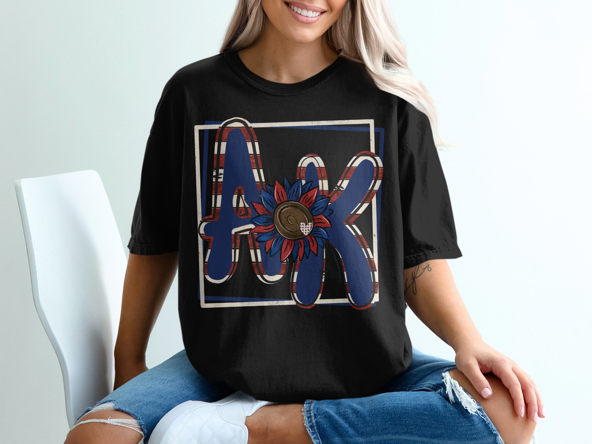 AK T-Shirt, Monogram Shirt, Patriotic Sunflower, USA Theme Tee, Distressed Look, Initial T-Shirt, Custom Gift, America T-Shirt - Image 2