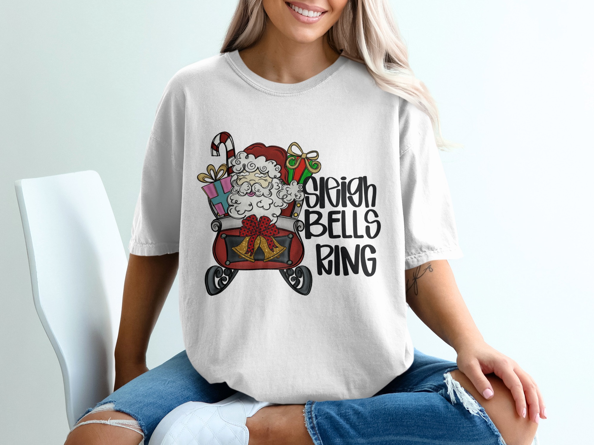 Sleigh Bells Ring T-Shirt, Santa Sleigh, Christmas T-Shirt, Holiday Tee, Santa Gift, Xmas Shirt, Festive Apparel, Winter Clothing