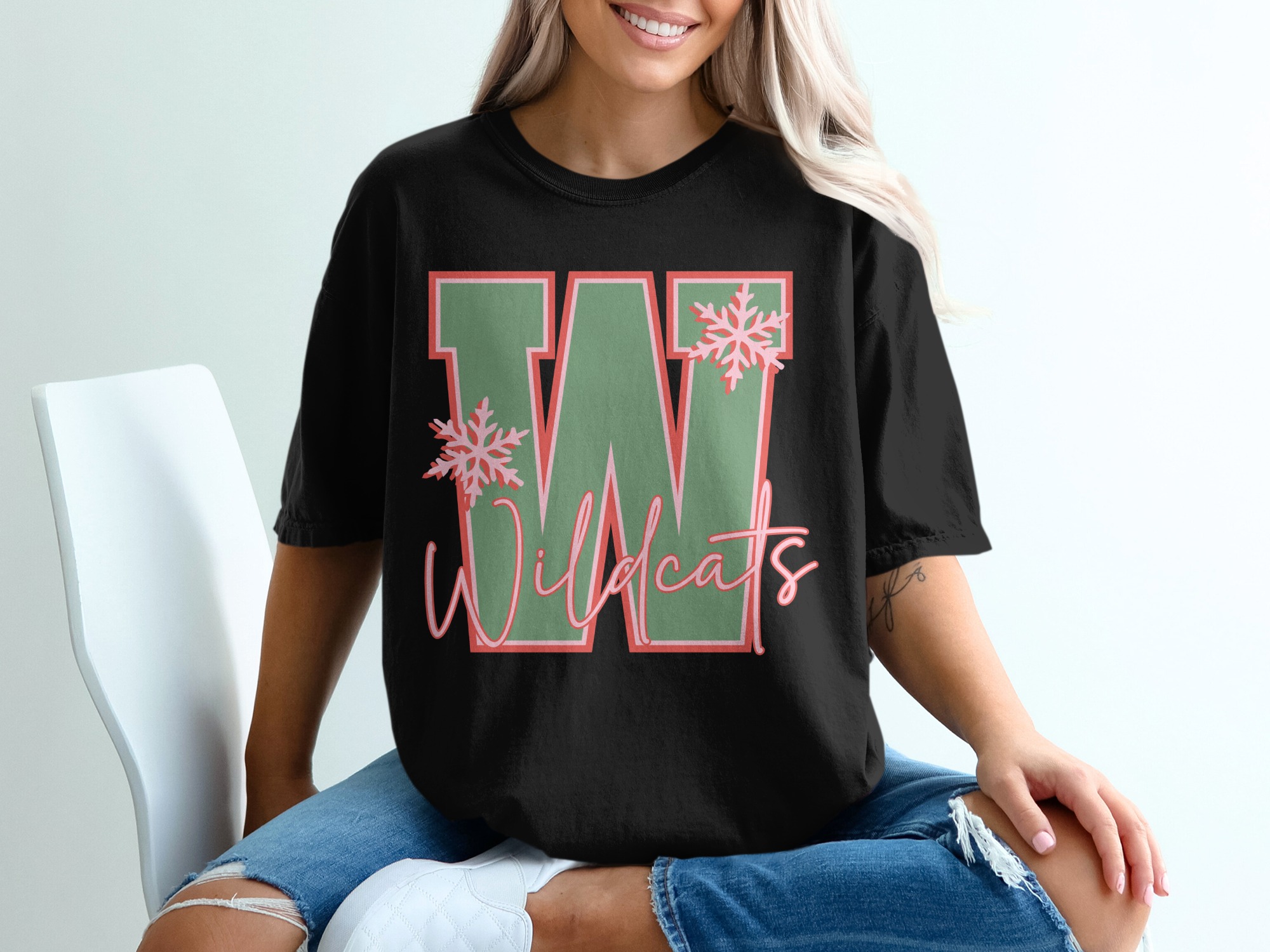 Wildcats Letter W T-Shirt, Initial W Shirt, School Spirit Tee, Mascot Gift, Christmas Tee, Holiday T Shirt, Snowflake Shirt, Winter T Shirt - Image 2
