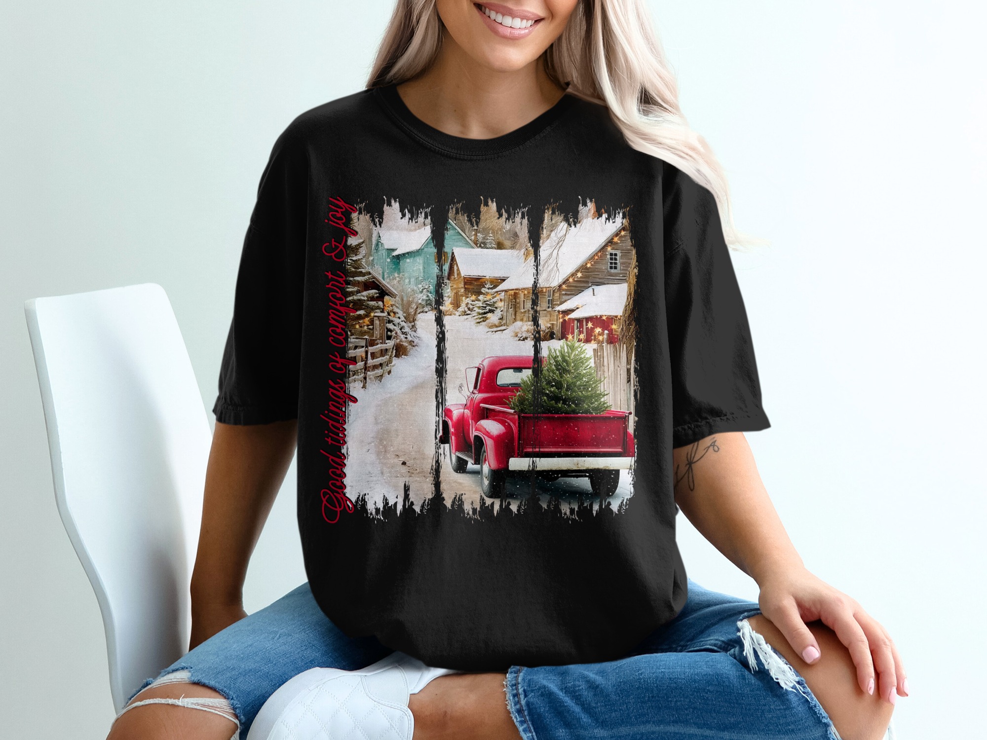 Good Tidings T-Shirt, Christmas Truck Shirt, Winter Town Tee, Comfort and Joy Shirt, Holiday Tee, Seasonal T Shirt, Xmas Gift Idea - Image 2