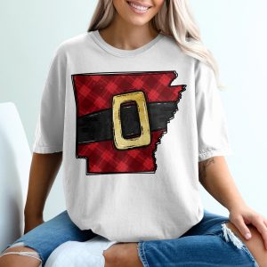 Arkansas State Santa Belt T-Shirt, Plaid Christmas Shirt, Arkansas Pride, Holiday Gift Tee, State Shape Shirt, Festive Top