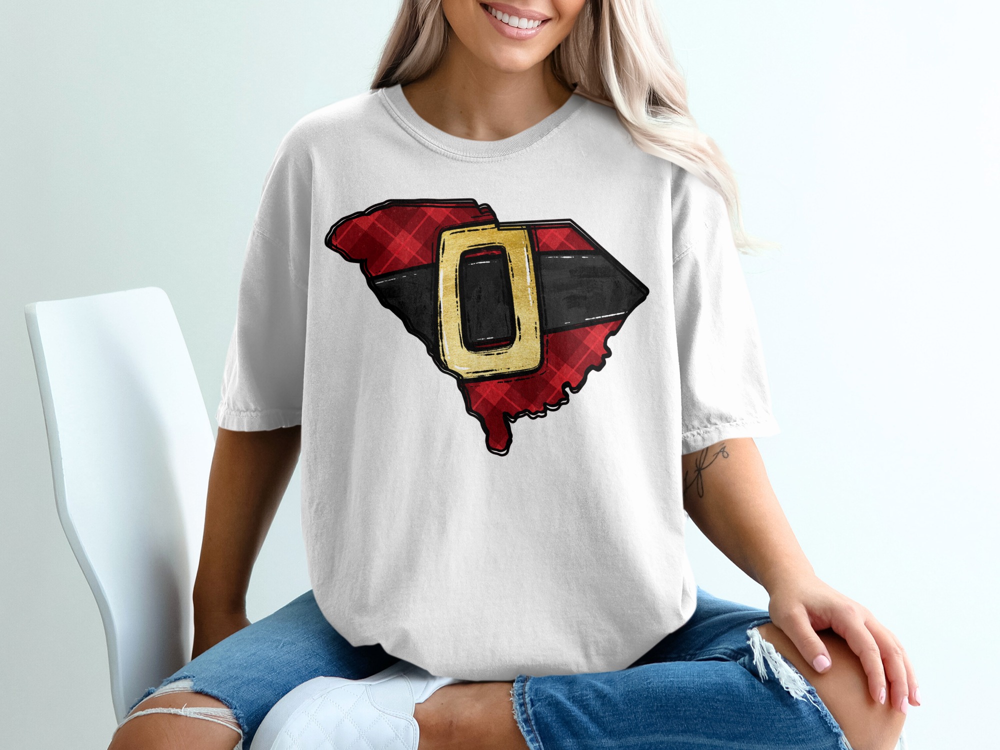South Carolina Santa Belt T-Shirt, Plaid SC, Holiday Gift, State Pride Apparel, Christmas Tee, Southern Charm, Gold Buckle Design