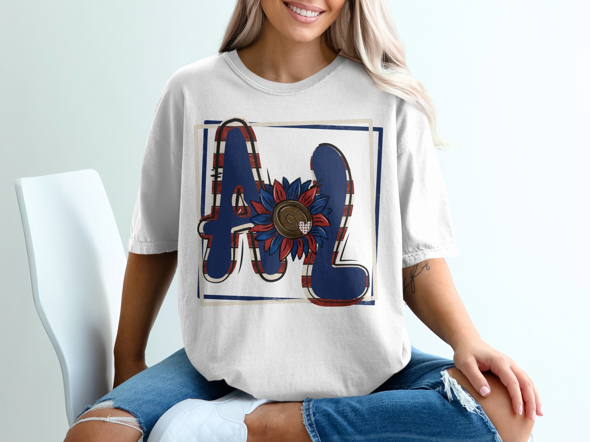 Patriotic Initial Letter T-Shirt, American Flag Sunflower Tee, USA Pride Shirt, Red White Blue Floral T Shirt, Summer Fourth of July Shirt