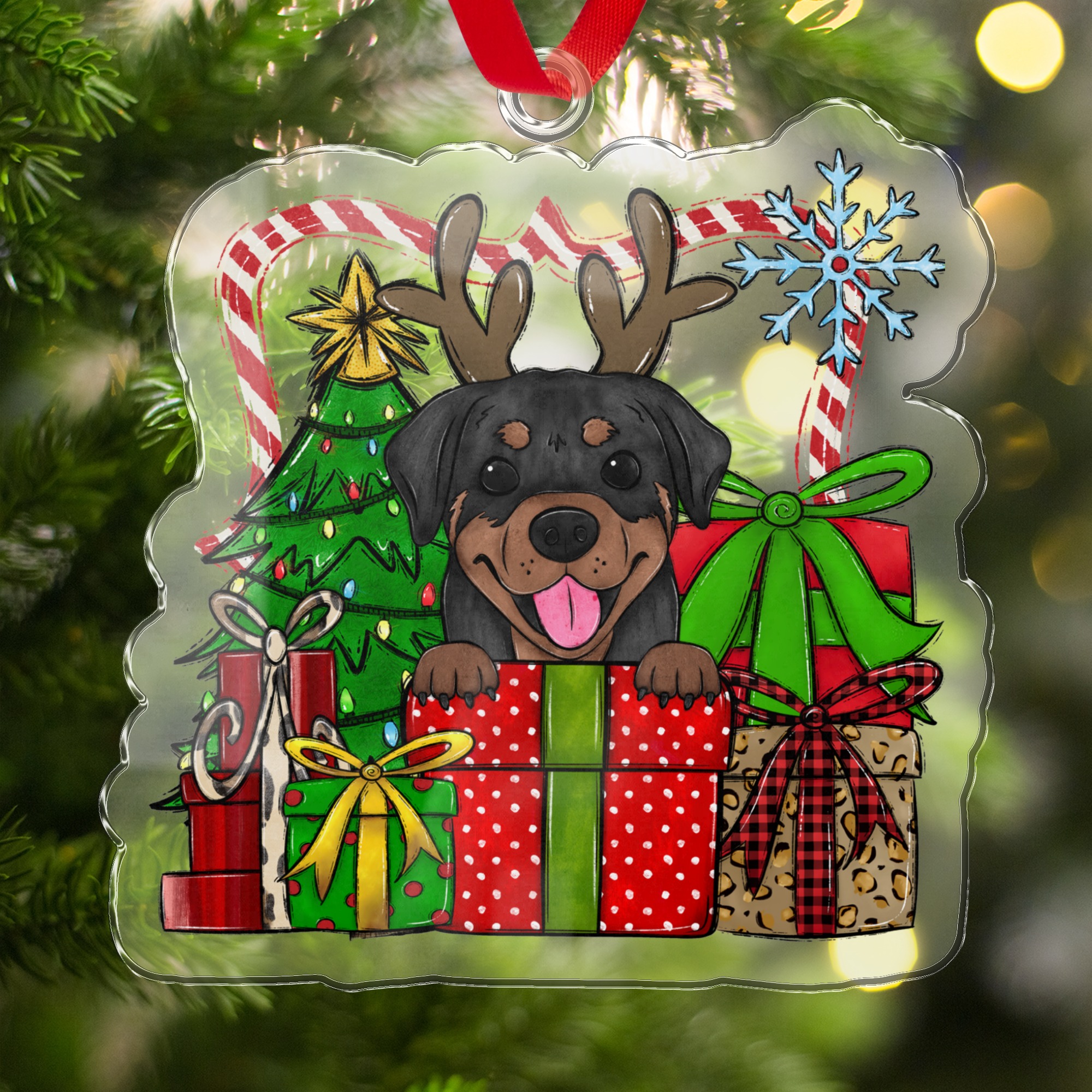 Rottweiler Christmas Ornament, Cute Dog Reindeer Holiday Decor, Xmas Tree Presents, Pet Lover Gift, Festive Puppy Keepsake