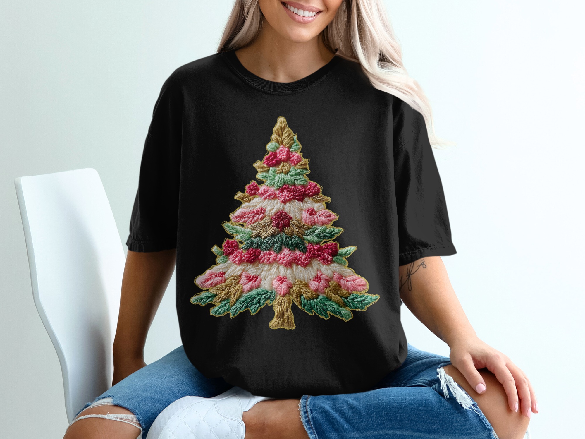 Embroidered Christmas Tree With Flowers Festive Joy T-Shirt, faux yarn - Image 2