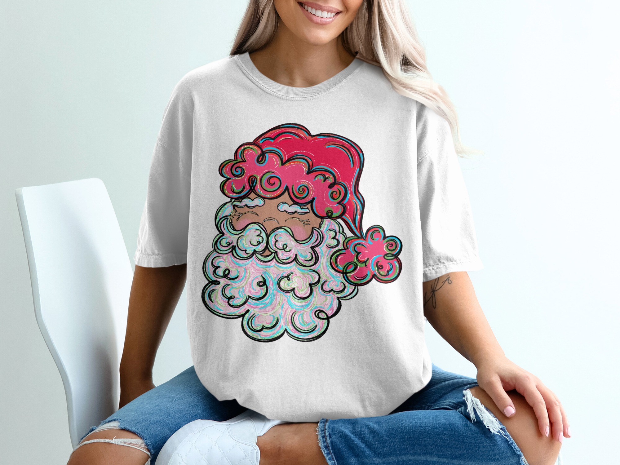 Whimsical Santa T-Shirt, Colorful Christmas Tee, Festive Santa Claus Shirt, Holiday Gift Tee, Cute Santa Tee, Trendy Christmas Shirt