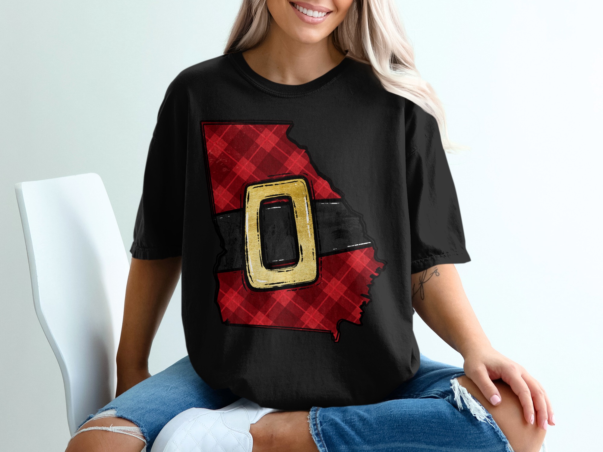 Georgia Santa Belt T-Shirt, Plaid Christmas Shirt, GA State Holiday Tee, Southern Christmas Gift, Christmas in Georgia, Xmas T Shirt - Image 2