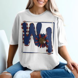 W Initial T-Shirt, Patriotic Letter Tee, Sunflower Design, American Flag T Shirt, Personalized Shirt, Summer Tee, USA Shirt, Gift for Her