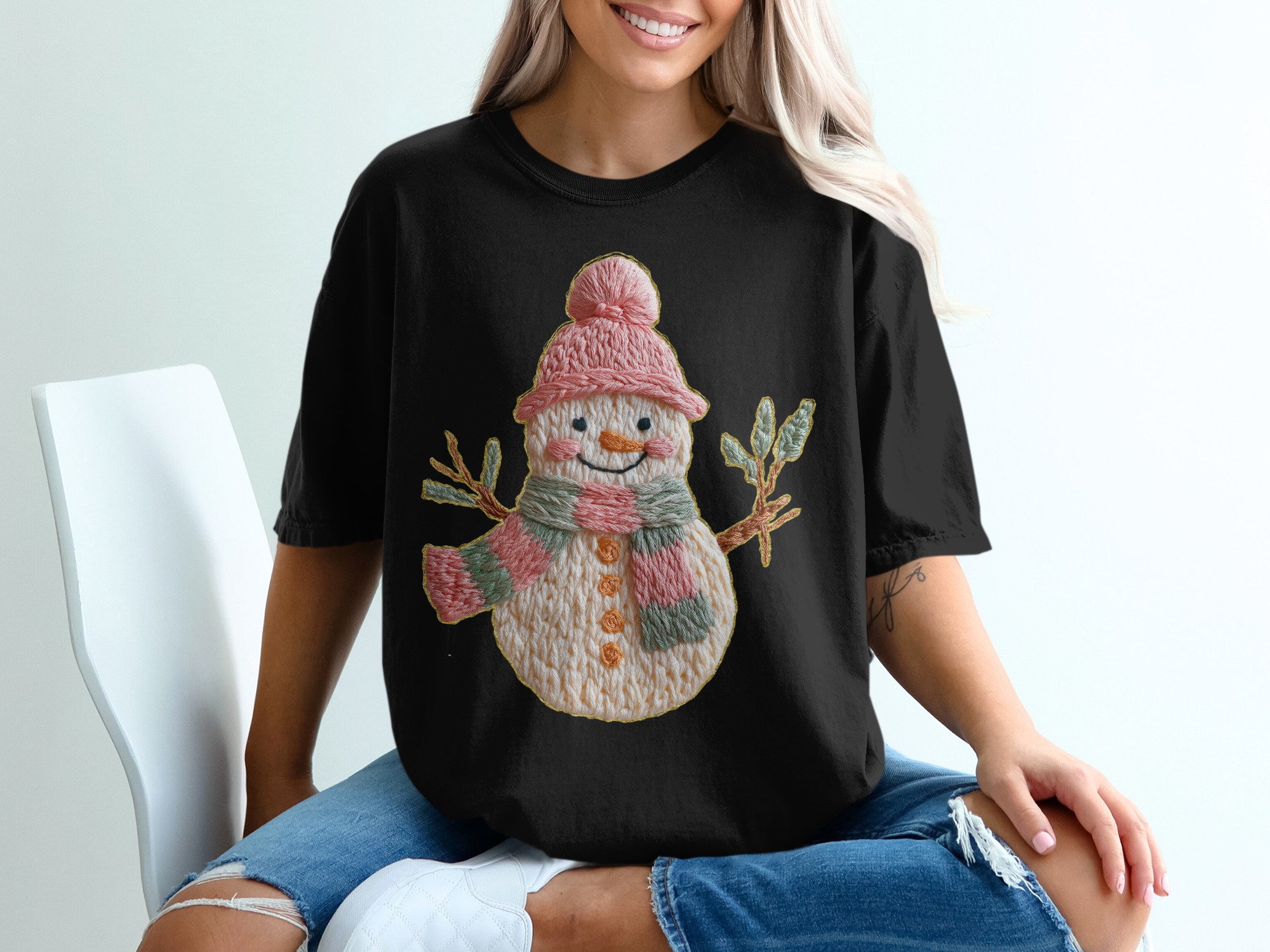 Knitted Snowman With Pink Hat Scarf and Branches T-Shirt faux yarn - Image 2