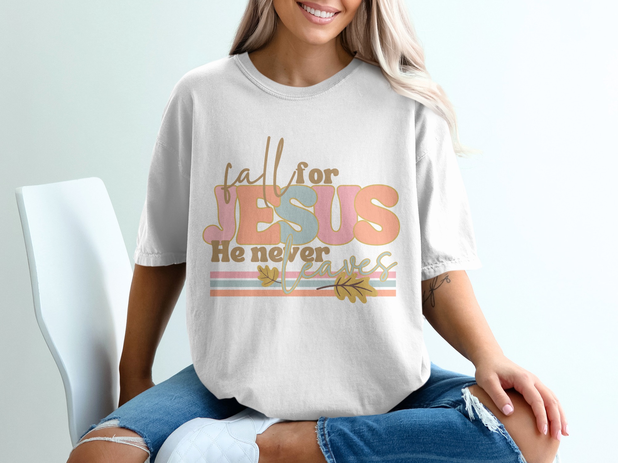 Fall for Jesus T-Shirt, He Never Leaves, Autumn T-Shirt, Christian T-Shirt, Thanksgiving T-Shirt, Religious Tee, Gift Idea