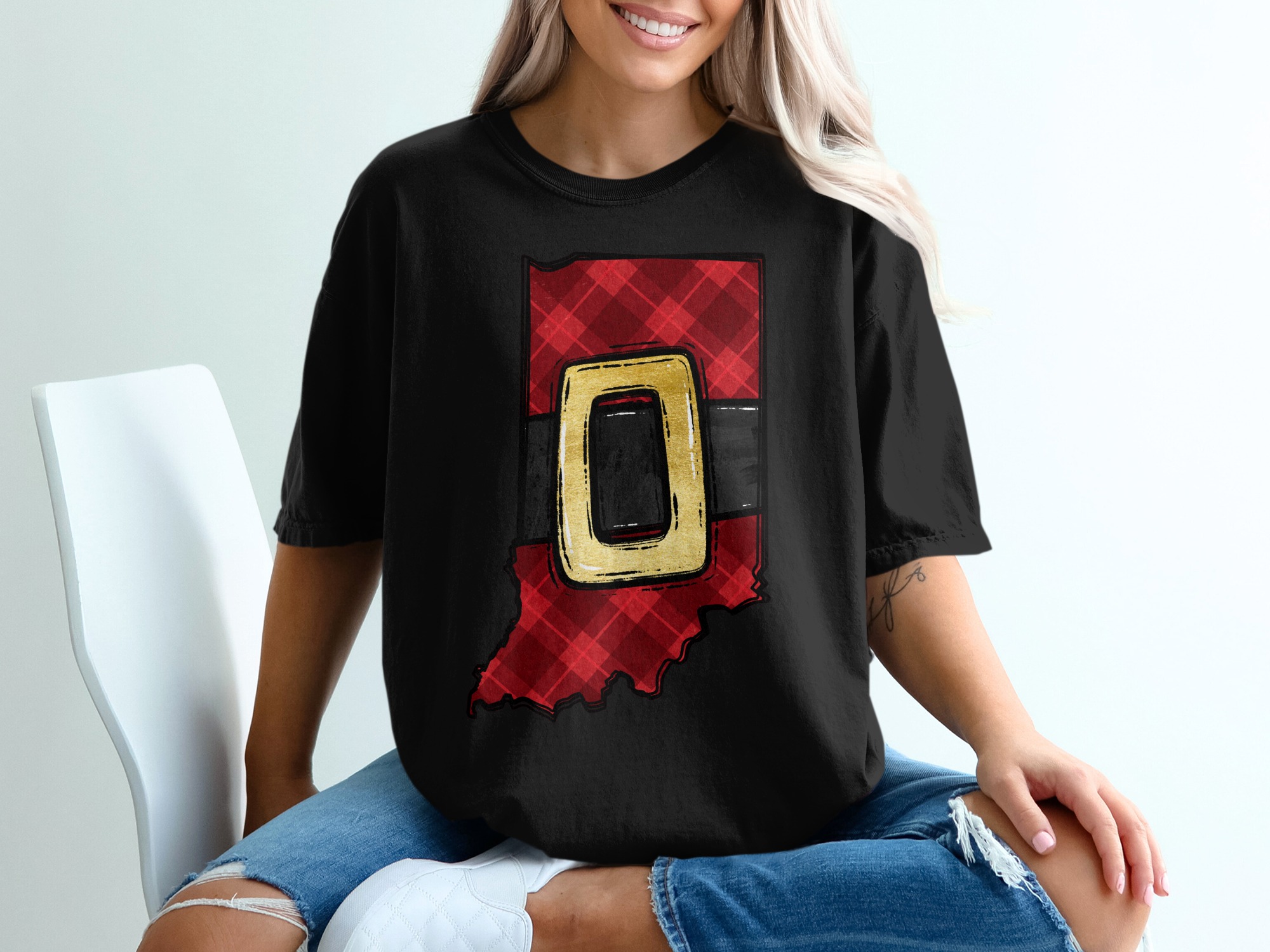 Indiana Christmas T Shirt, State Plaid Tee, Santa Belt Design, Holiday Gift Idea, Festive Apparel, Indiana Pride Shirt - Image 2