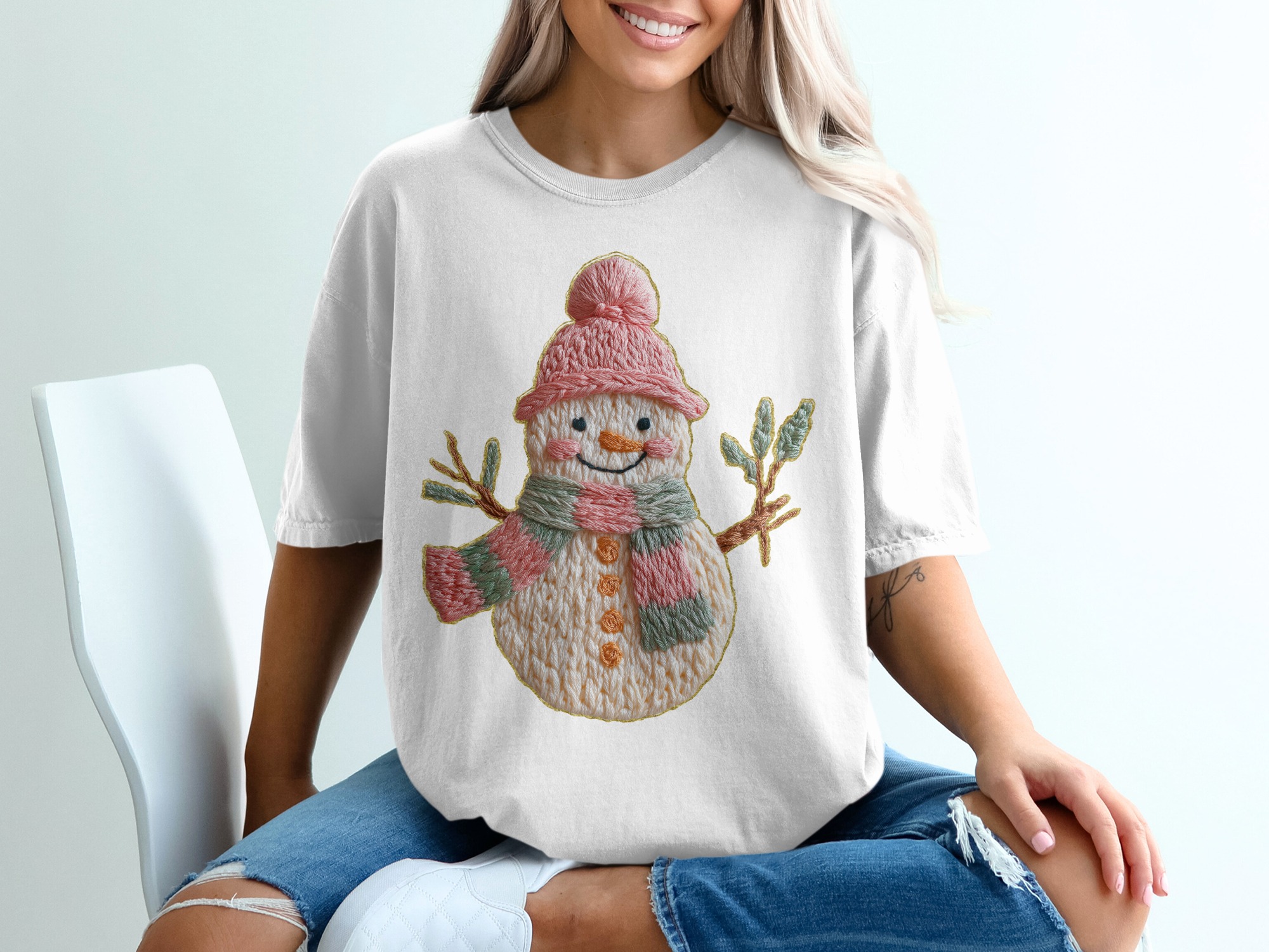 Knitted Snowman T-Shirt, Cute Winter Tee, Holiday Gift, Christmas T-Shirt, Festive Apparel, Seasonal Top, Snowman Lover, Gift for Christmas