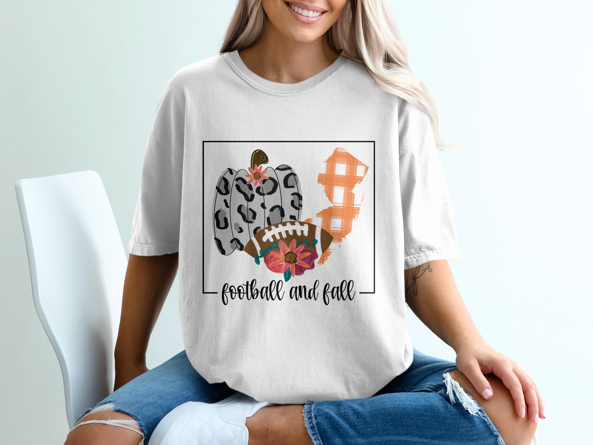 Football and Fall T-Shirt, Leopard Pumpkin, Orange Plaid State, Autumn Tee, Thanksgiving Shirt, Gift for Her, Game Day Shirt