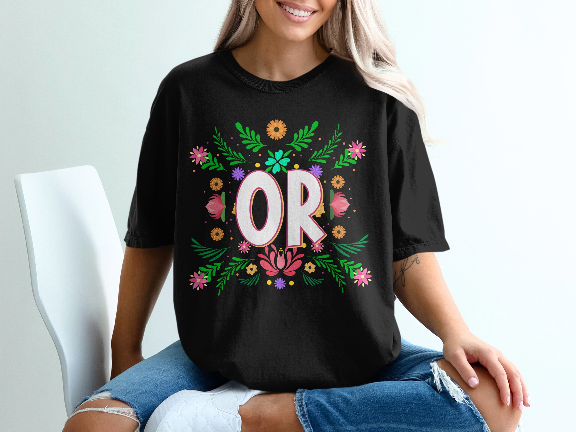 OR T-Shirt, Floral Initial Shirt, Custom Name Shirt, Colorful Flower Design, Personalized Gift Tee, Bridesmaid Shirt, Initial Tee - Image 2