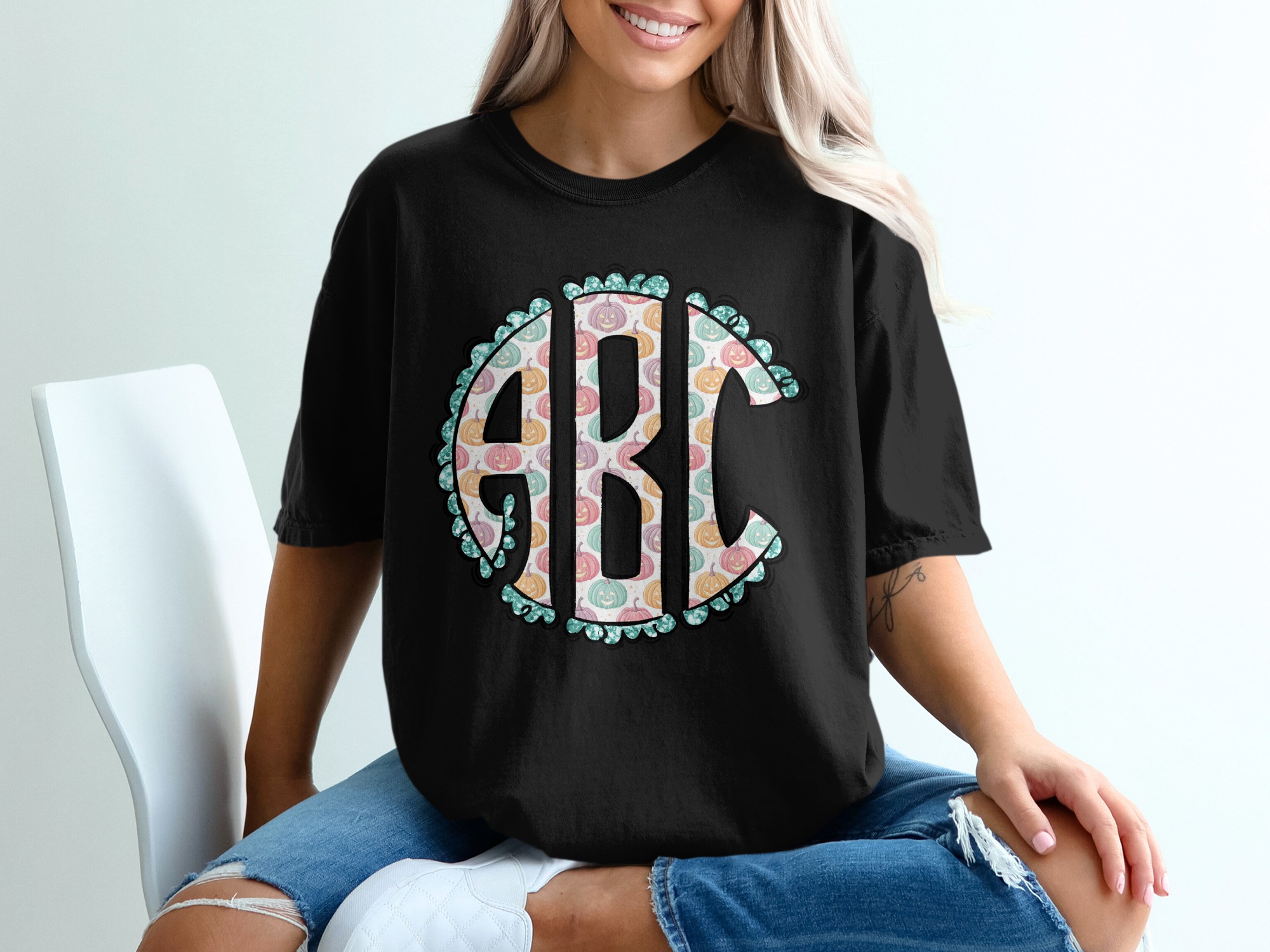Pumpkin Monogram T-Shirt, Fall Monogram Shirt, Halloween Initials Tee, Autumn Clothing, Custom T Shirt, Spooky Season Shirt - Image 2