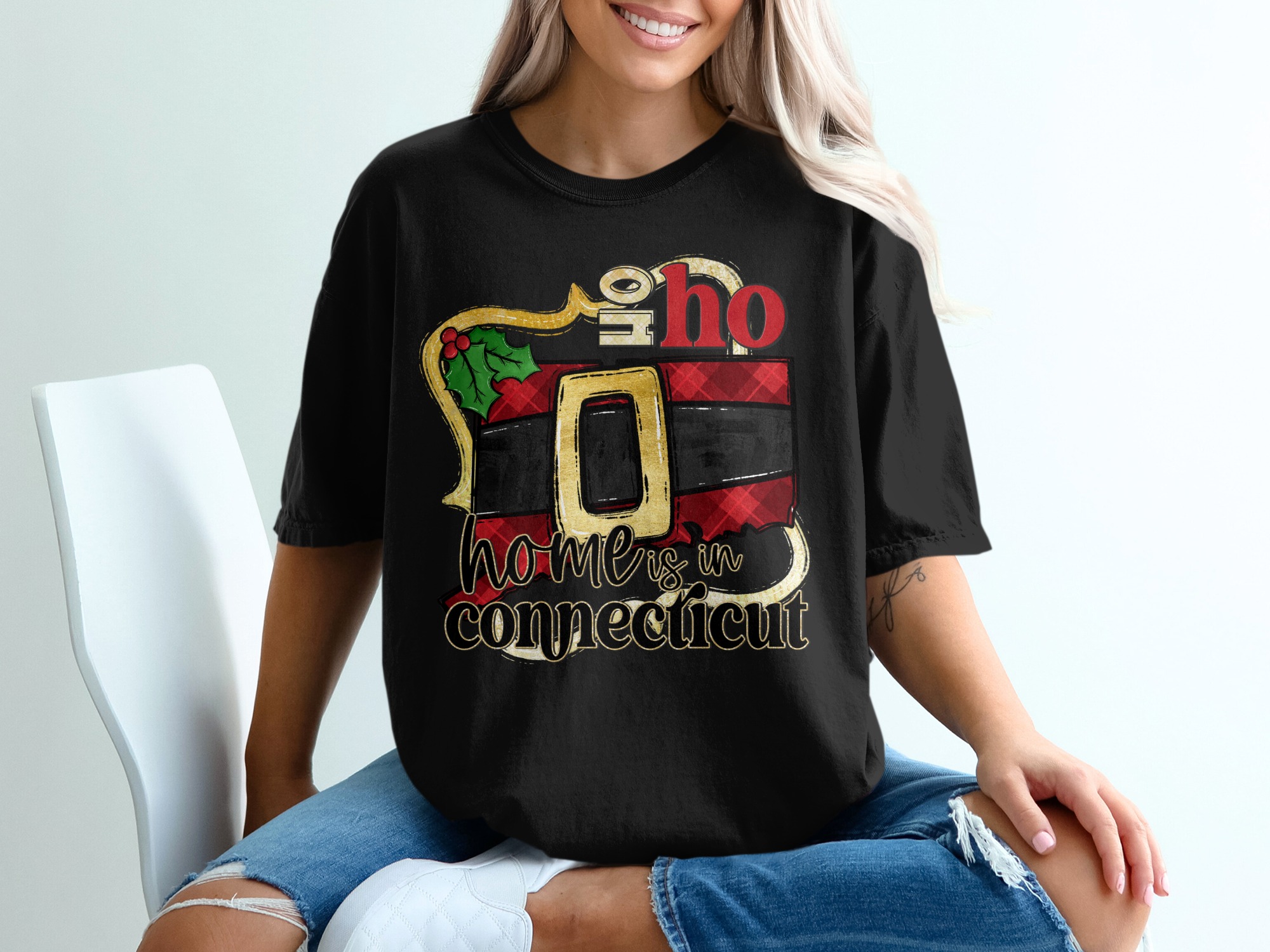 Home Is In Connecticut T-Shirt, Christmas Connecticut Shirt, Connecticut Santa Belt Tee, Funny CT Holiday T Shirt, Cute Christmas Apparel - Image 2