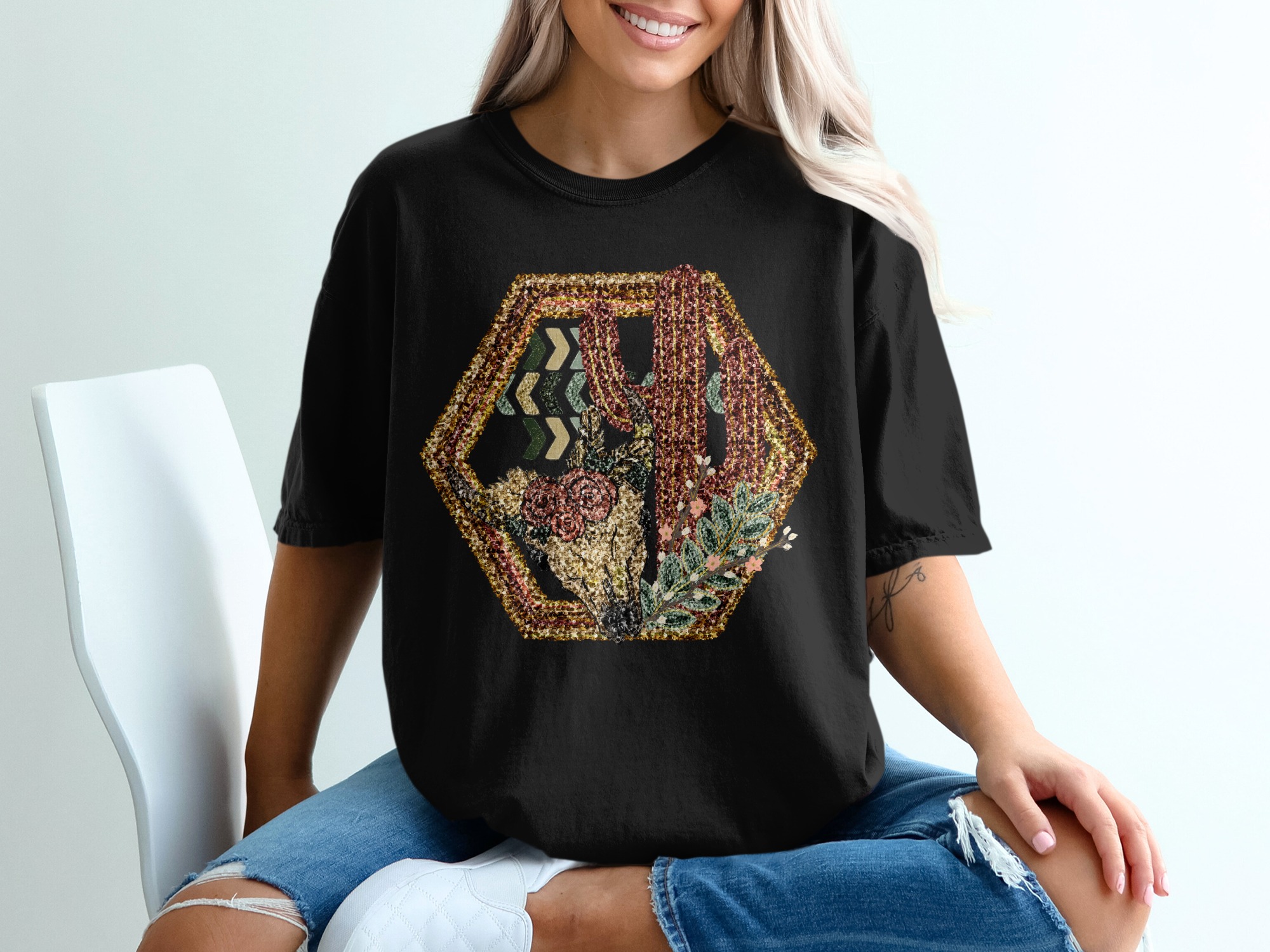 Boho Bull Skull T-Shirt, Southwestern Cactus Tee, Floral Cow Skull, Western Graphic Tee, Trendy Fashion Top, Desert Vibes Apparel - Image 2