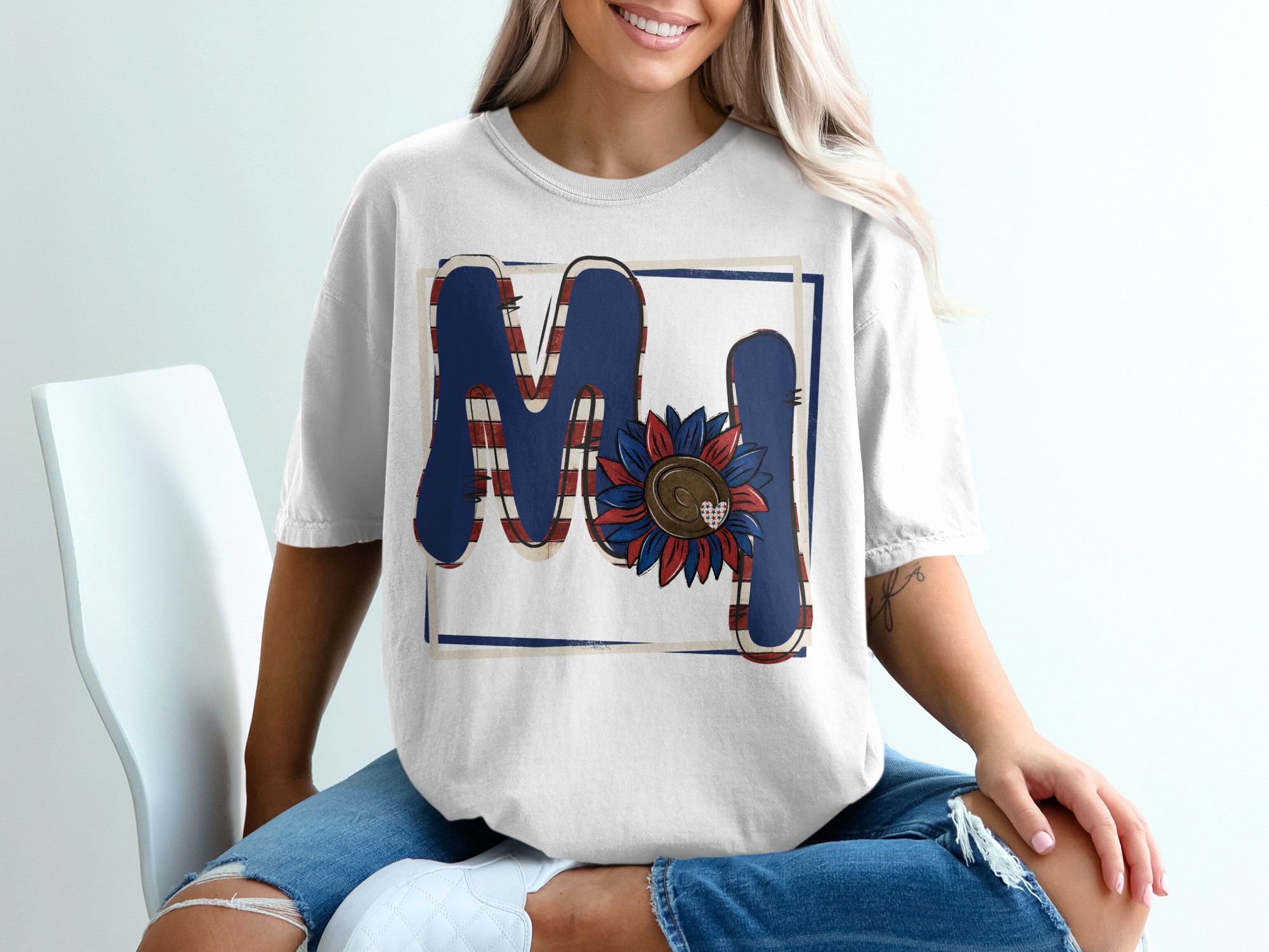 Patriotic Initial M Sunflower T-Shirt, USA Flag Letters, American Pride, Fourth of July, Floral Shirt, Trendy Tee, Gift Idea