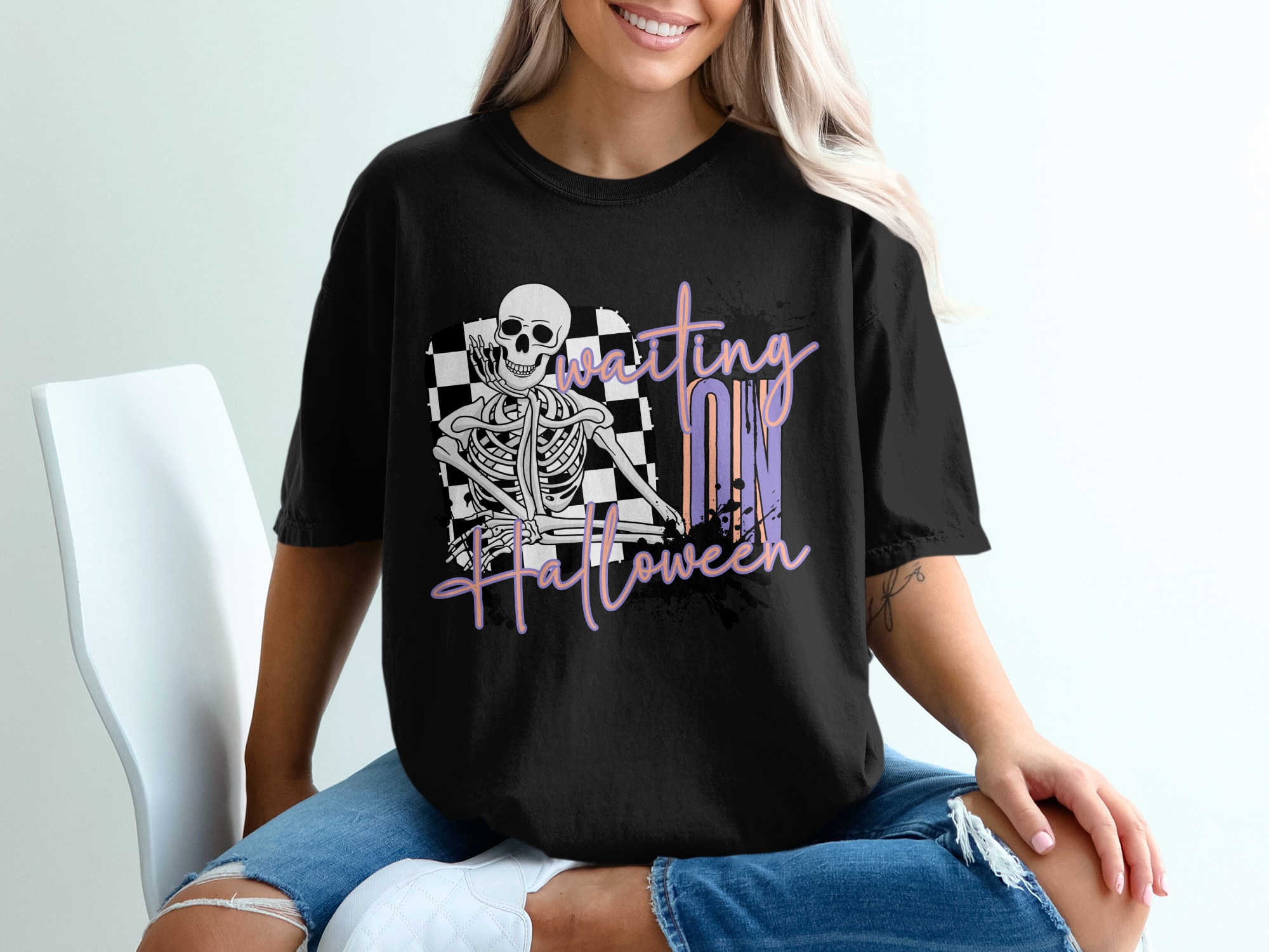 Waiting On Halloween T-Shirt, Funny Skeleton Tee, Checkerboard Halloween Shirt, Spooky Season Apparel, October Gift Idea - Image 2