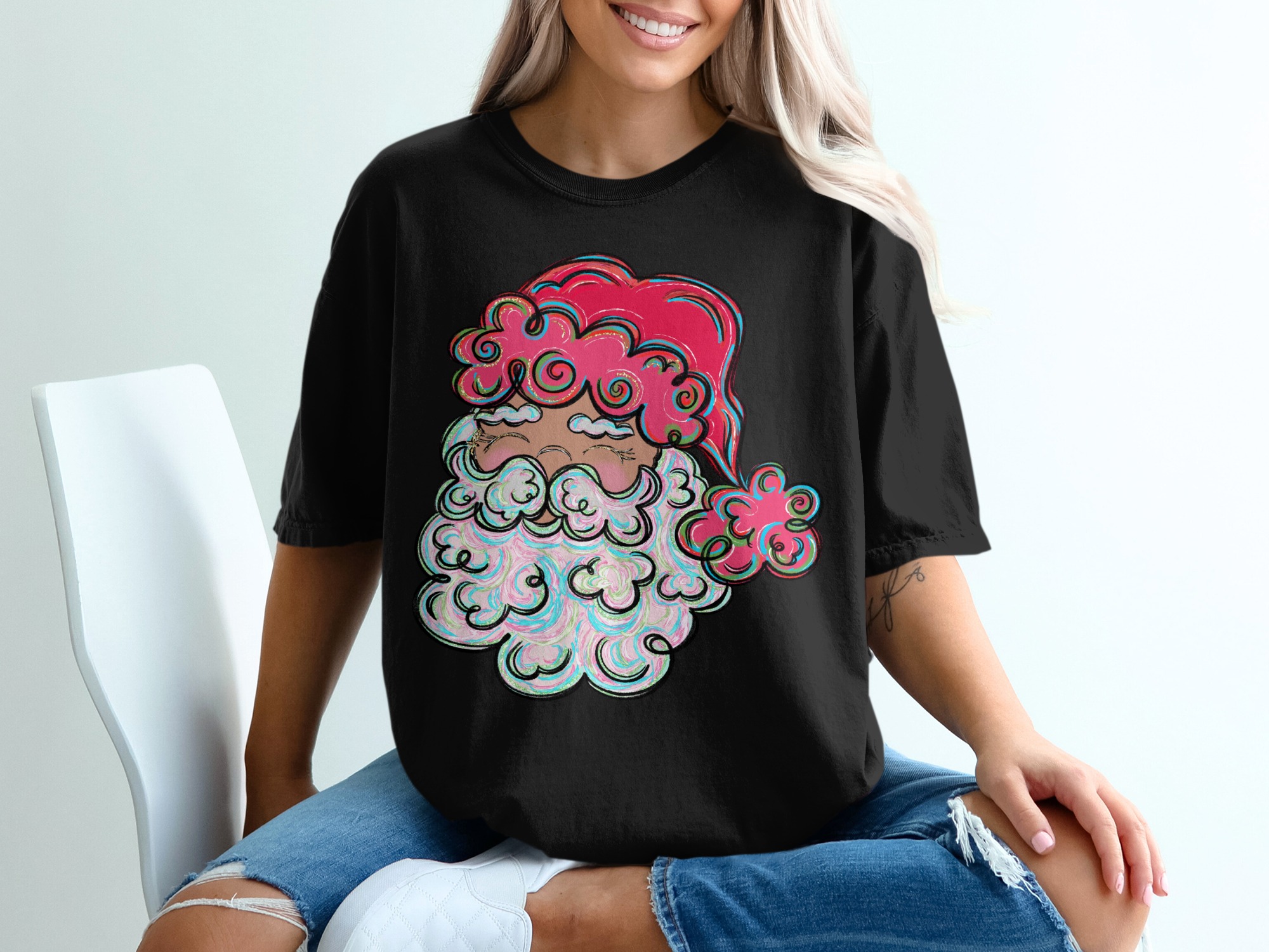 Whimsical Santa T-Shirt, Colorful Christmas Tee, Festive Santa Claus Shirt, Holiday Gift Tee, Cute Santa Tee, Trendy Christmas Shirt - Image 2