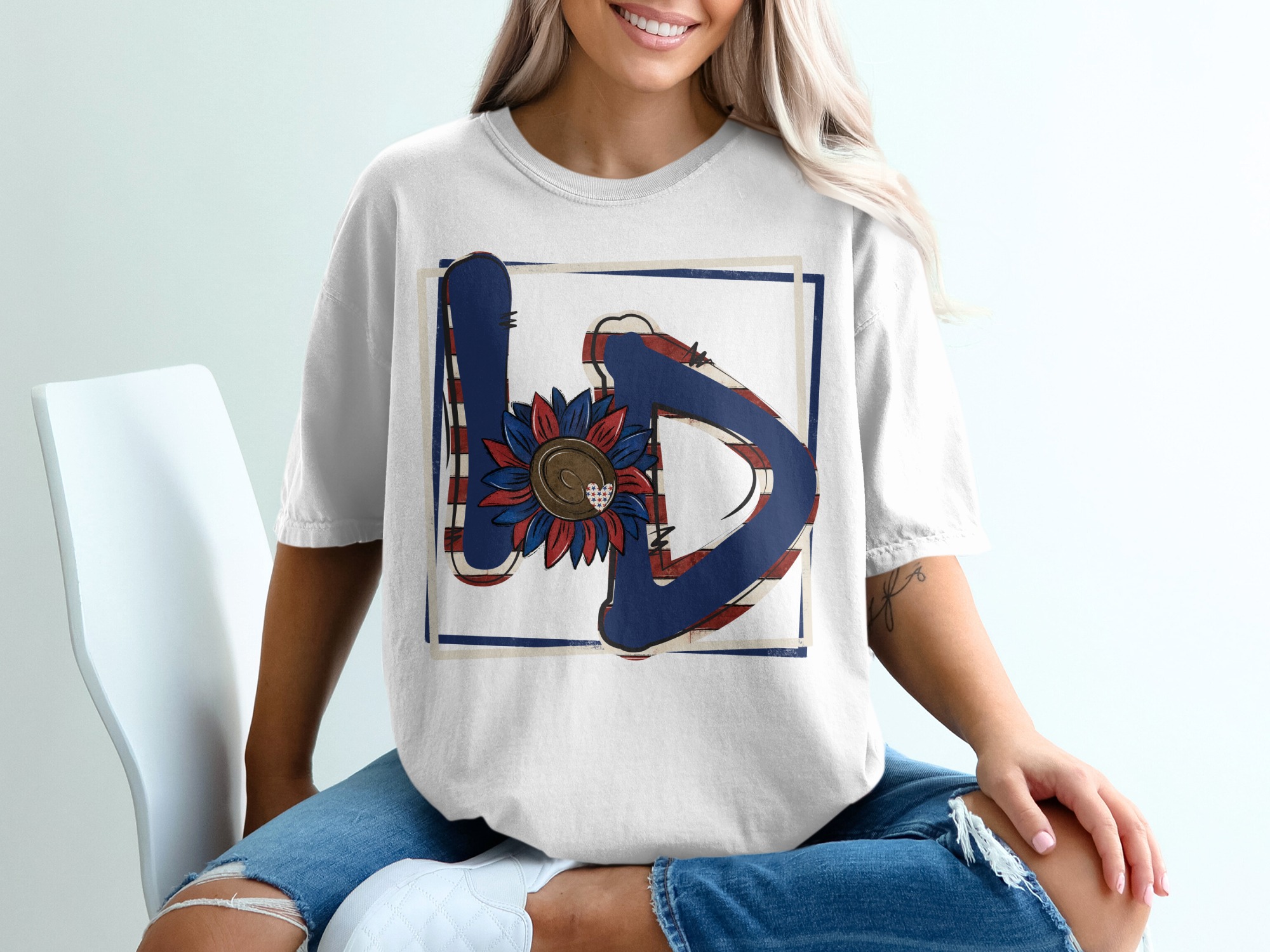 Patriotic LD Sunflower T-Shirt, Fourth of July Tee, USA Pride, American Flag, Independence Day Gift, Patriotic Initial T Shirt Design