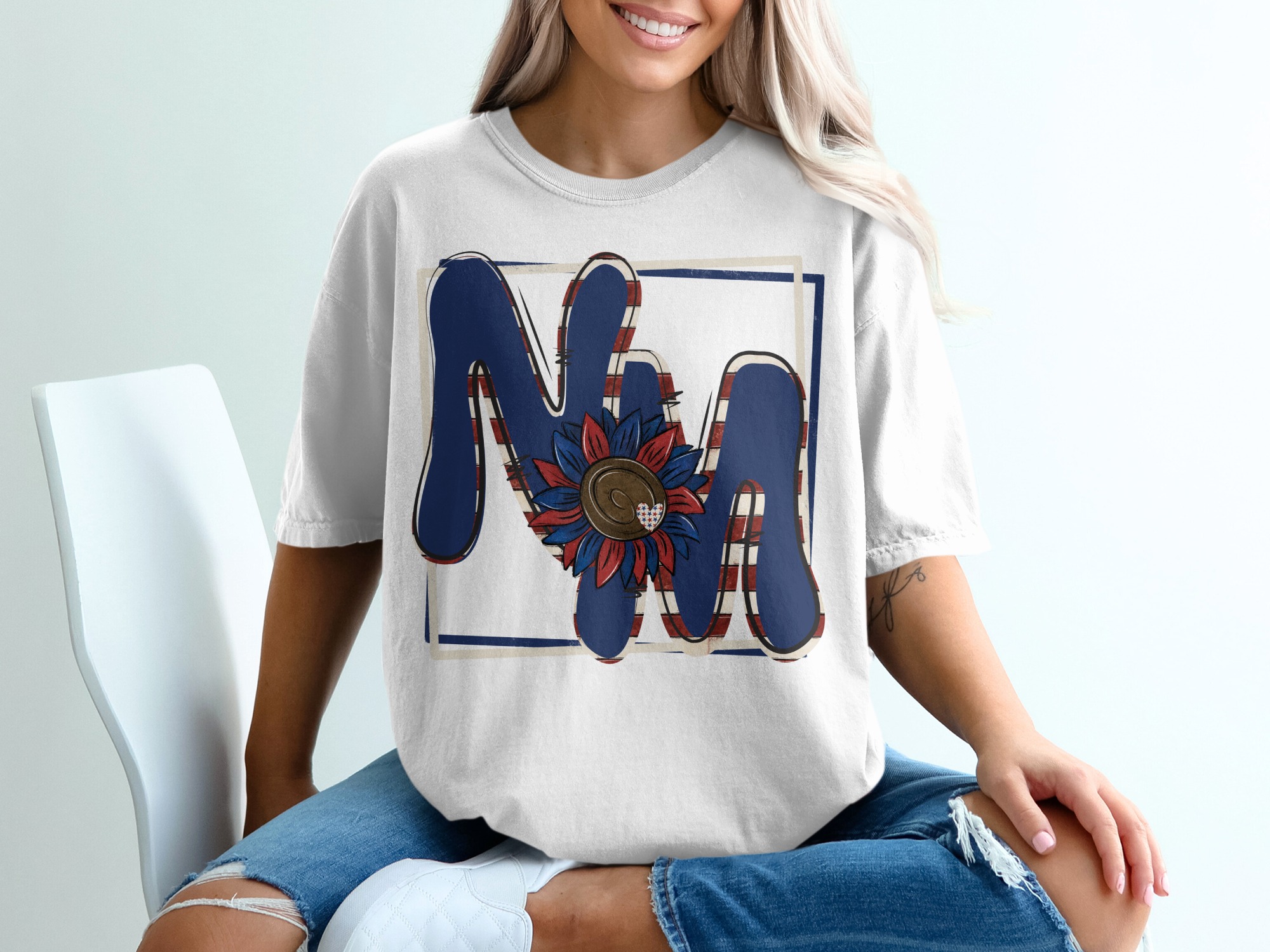 Patriotic M T Shirt, Letter M Sunflower Tee, USA Flag Inspired Shirt, 4th of July Shirt, American Flag Sunflower T-Shirt