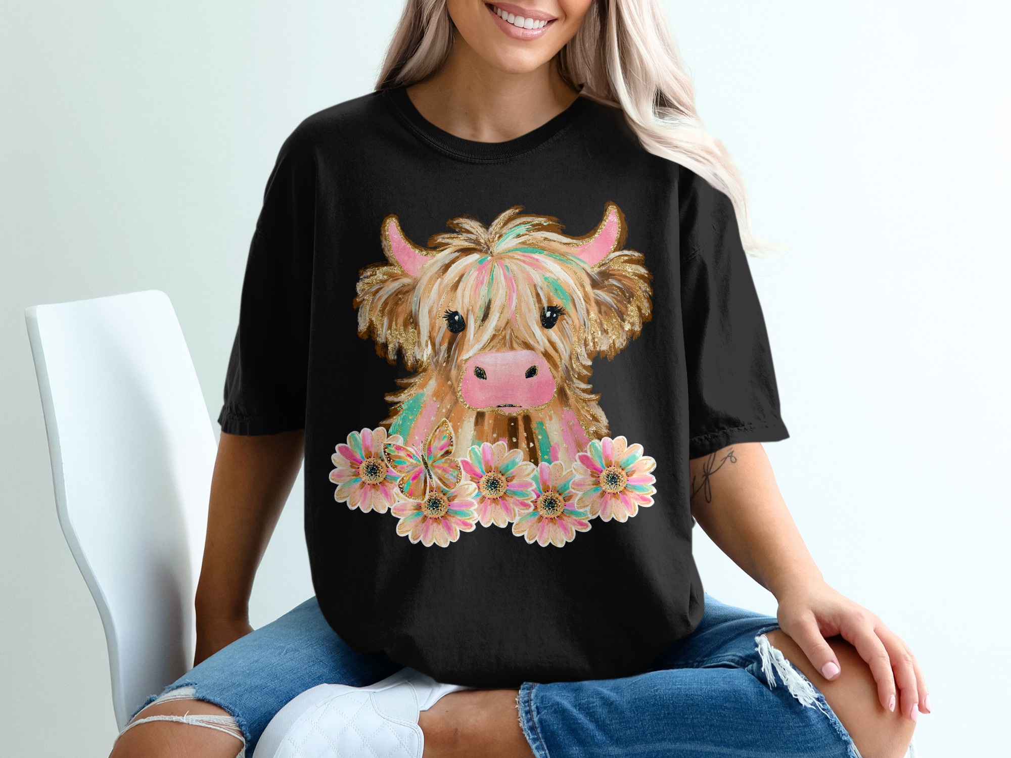 Highland Cow T-Shirt, Cute Cow Shirt, Floral Cow Tee, Butterfly Cow Design, Trendy Animal T-Shirt, Gift for Cow Lovers - Image 2