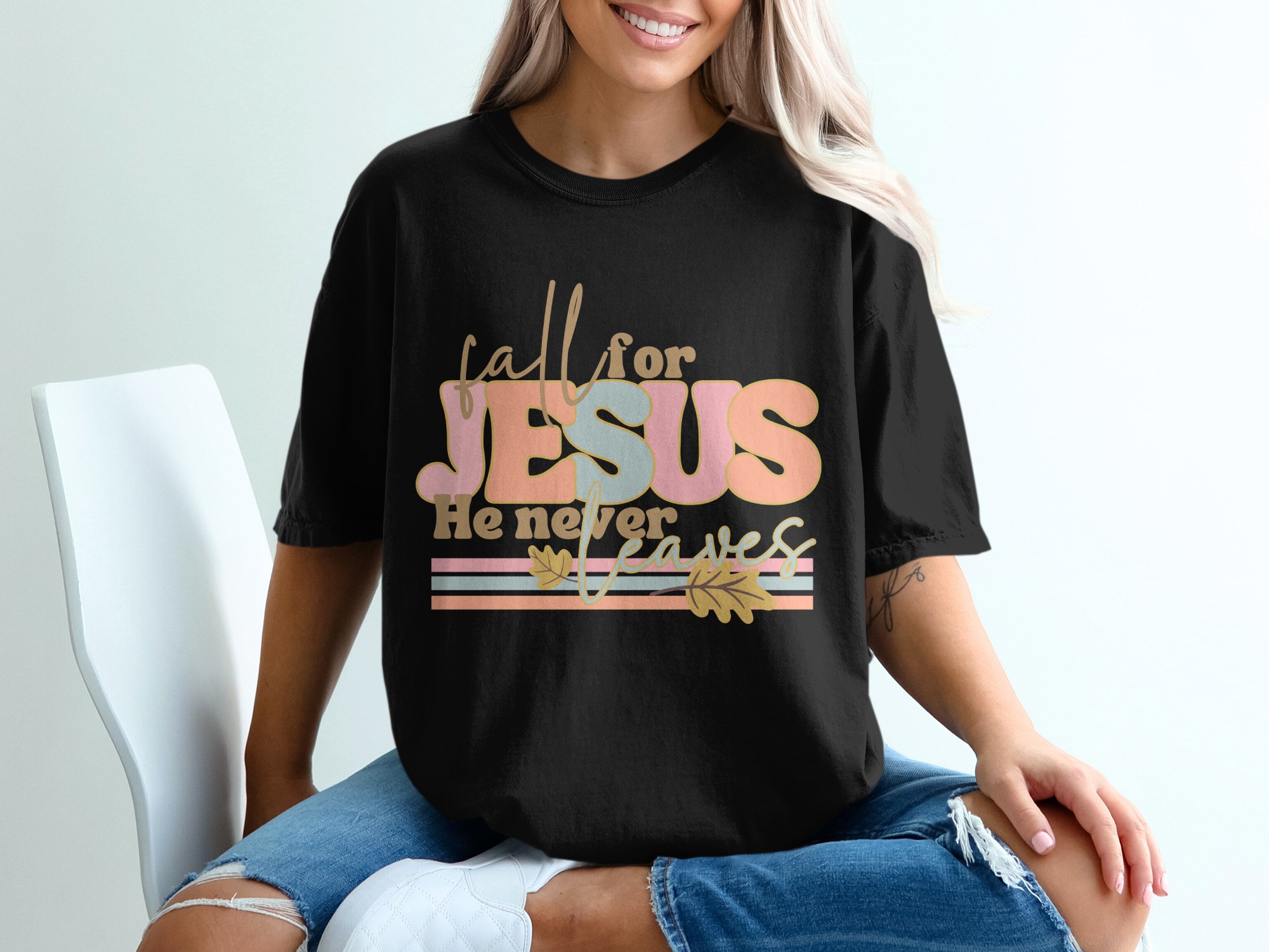 Fall for Jesus T-Shirt, He Never Leaves, Autumn T-Shirt, Christian T-Shirt, Thanksgiving T-Shirt, Religious Tee, Gift Idea - Image 2