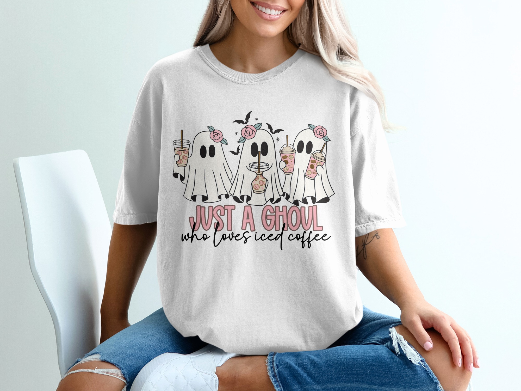 Just A Ghoul T-Shirt, Cute Halloween Shirt, Spooky Season Top, Ghost with Drink Tee, Fall Apparel, Trendy Ghost Shirt, Halloween Party