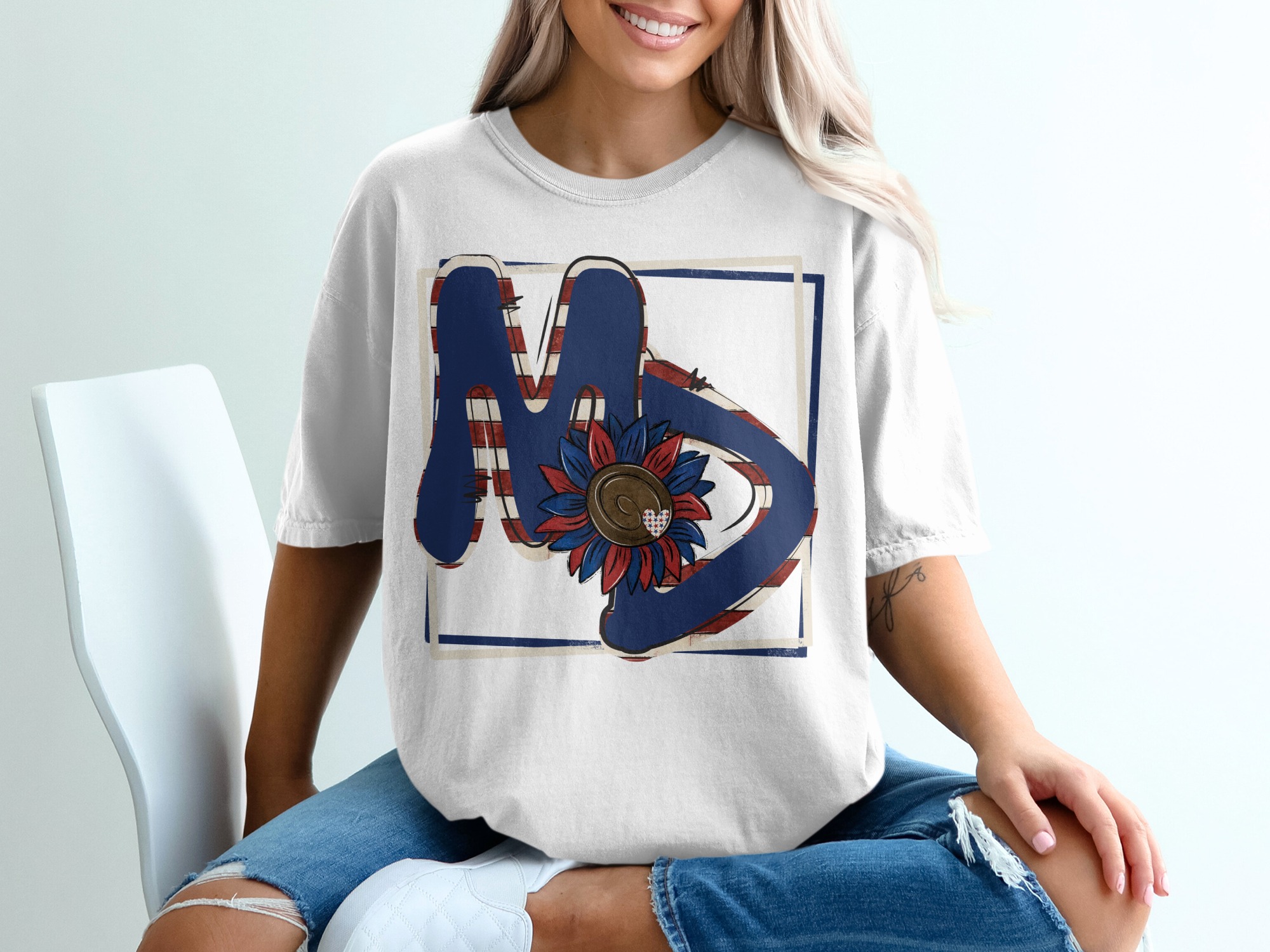 MD Patriotic Sunflower T-Shirt, Maryland Flag, American Pride Tee, USA, Red White Blue, State Pride, Gift Idea, Trendy T-Shirt