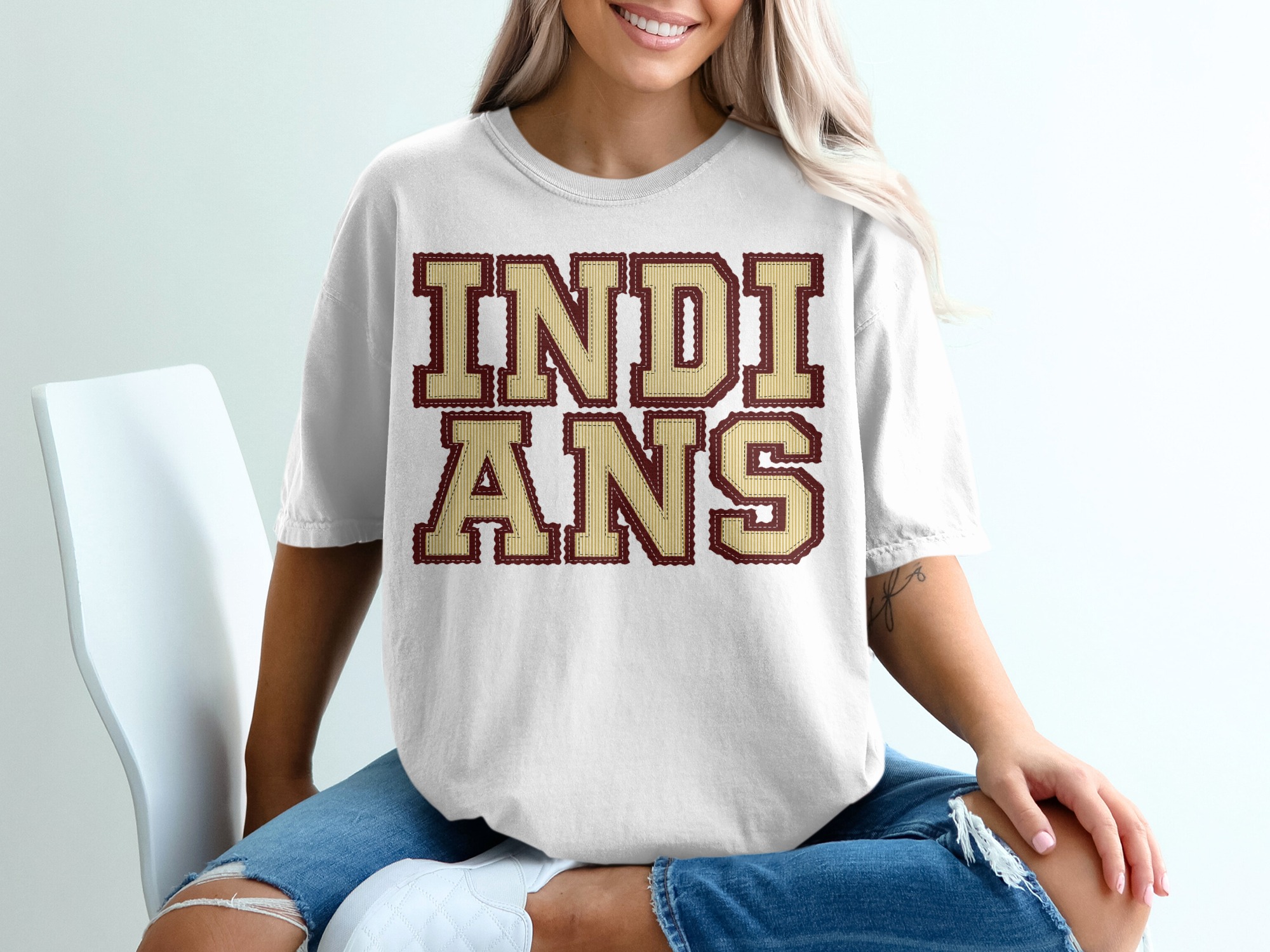 Indians T-Shirt, Seersucker Letters, Mascot Tee, Custom Sportswear, Change Your Colors, College Team Apparel