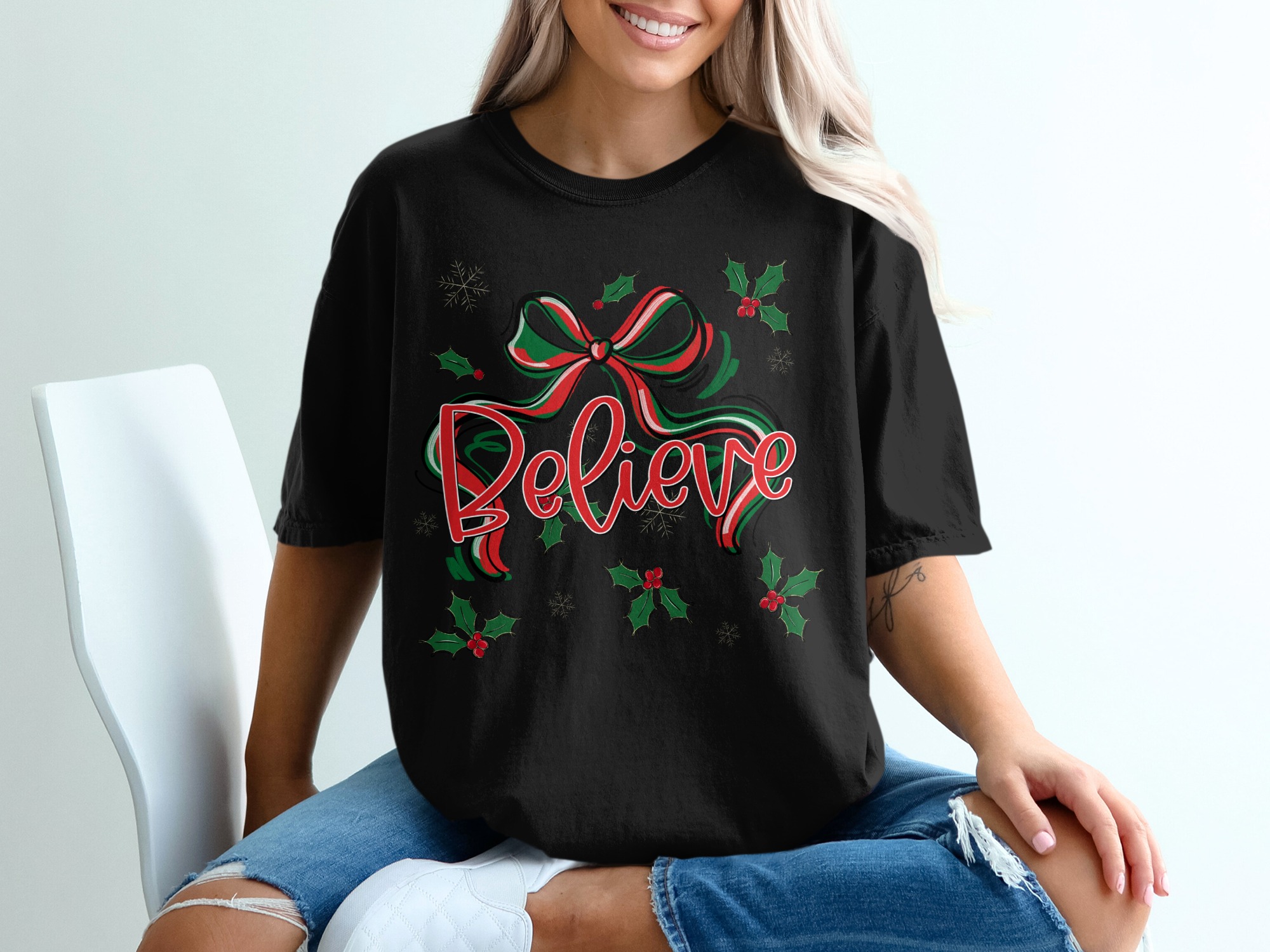 Believe Christmas T-Shirt, Holiday Cheer Shirt, Festive Graphic Tee, Xmas Ribbon Holly Design, Winter Snowflakes, Seasonal Gift Tee, Joyful - Image 2