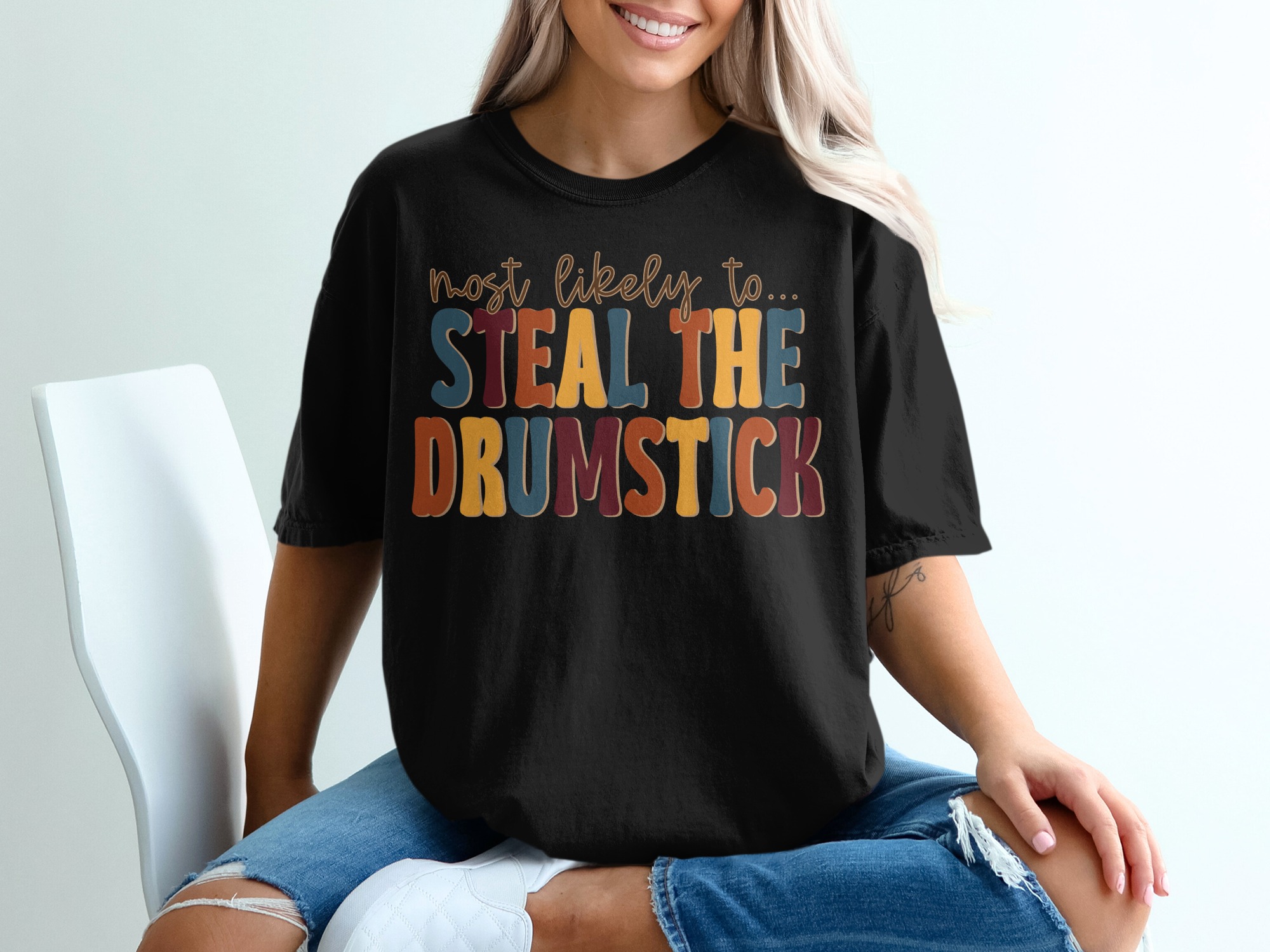 Most Likely To Steal the Drumstick T-Shirt, Thanksgiving Humor Tee, Funny Thanksgiving TShirt, Family Thanksgiving Shirt, Holiday T-Shirt - Image 2
