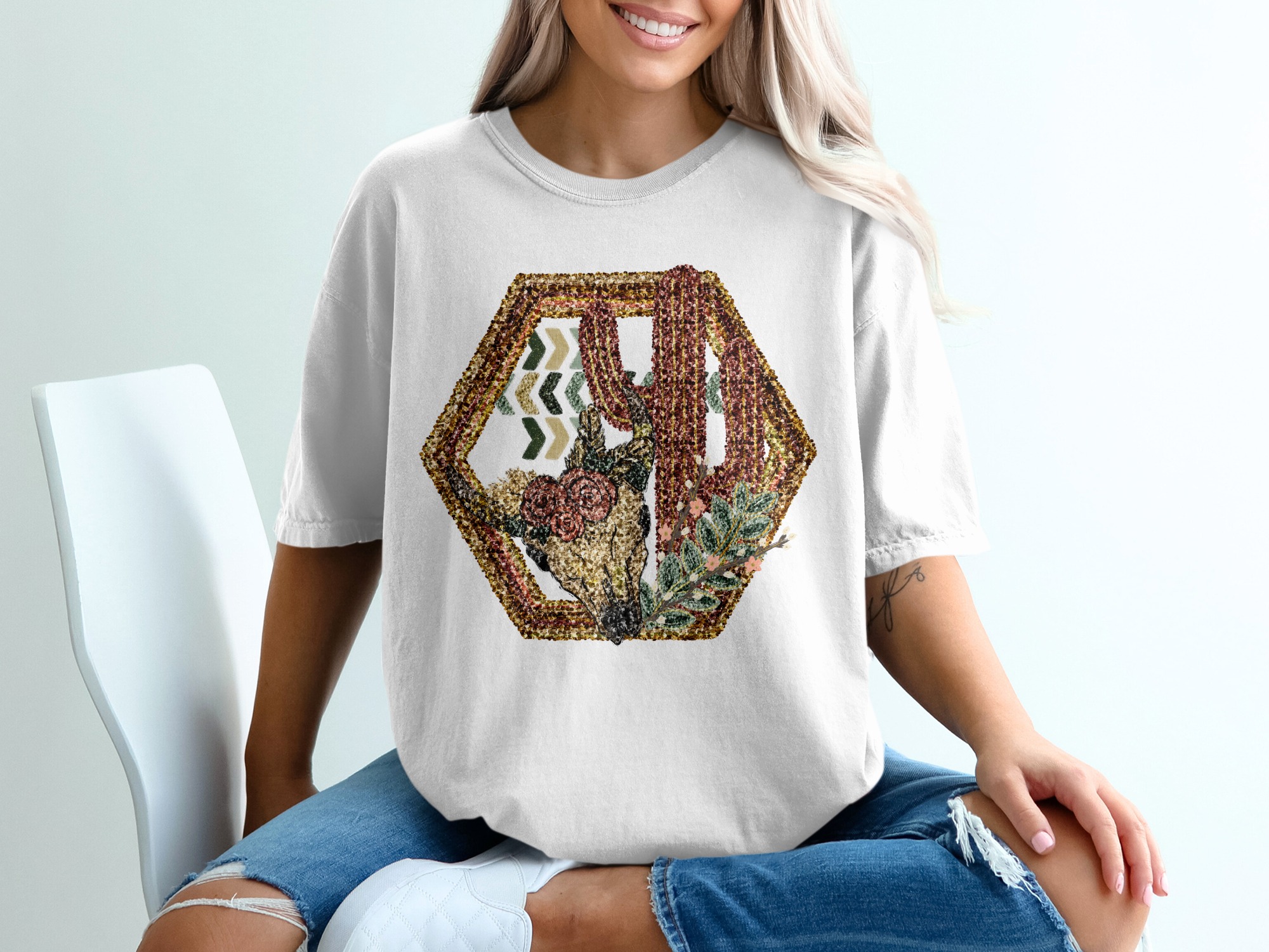 Boho Bull Skull T-Shirt, Southwestern Cactus Tee, Floral Cow Skull, Western Graphic Tee, Trendy Fashion Top, Desert Vibes Apparel